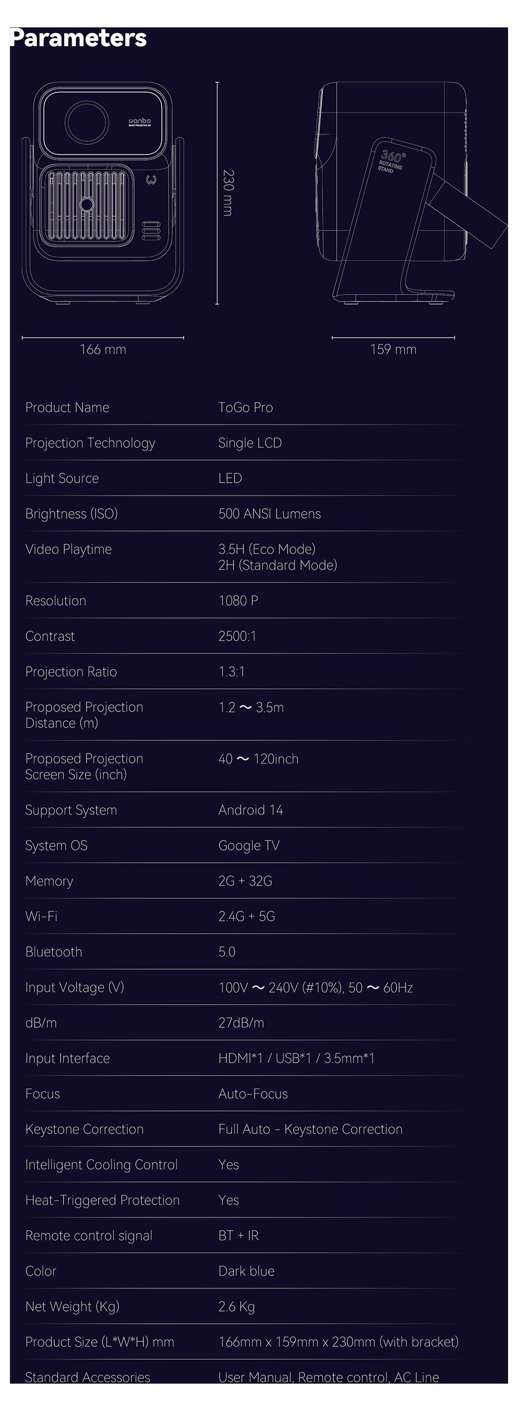 Datenblatt für den dunkelblauen Toio Pro Projektor mit Vorder- und Seitenansicht mit Abmessungen und einer Liste von Funktionen wie 4K-Unterstützung, Android TV, Wi-Fi, Bluetooth und Autofokus.