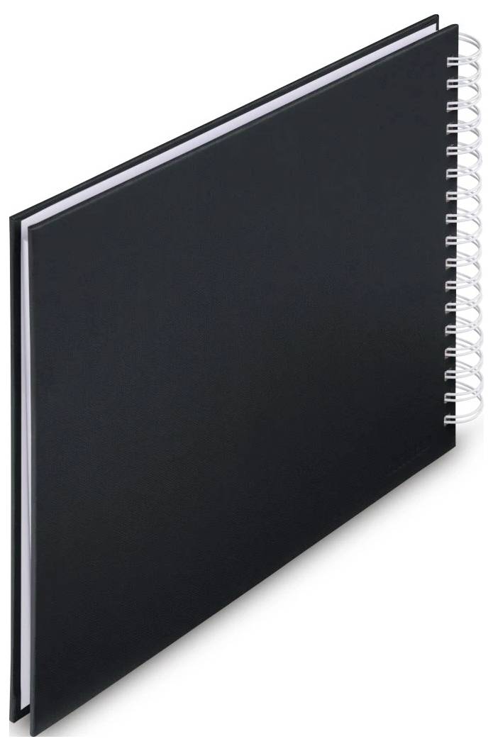 Schwarzes spiralgebundenes Notizbuch oder Skizzenbuch, geschlossen auf weißem Hintergrund, perspektivisch angewinkelt.