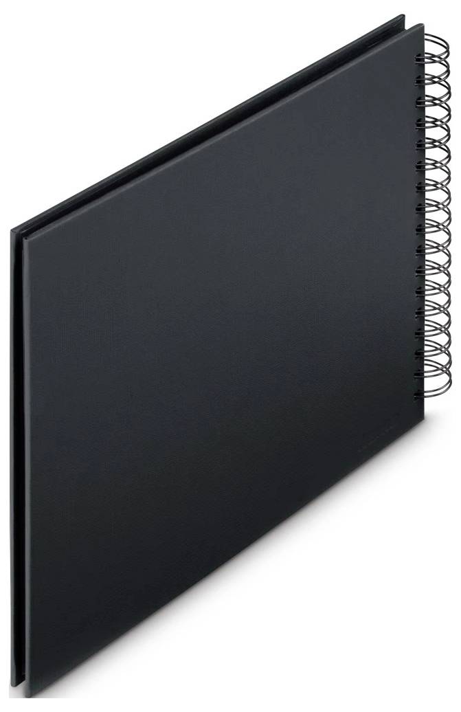 Schwarzes Spiralbuch-Skizzenbuch oder Notizbuch mit leerem Umschlag, schräg auf weißem Hintergrund dargestellt.