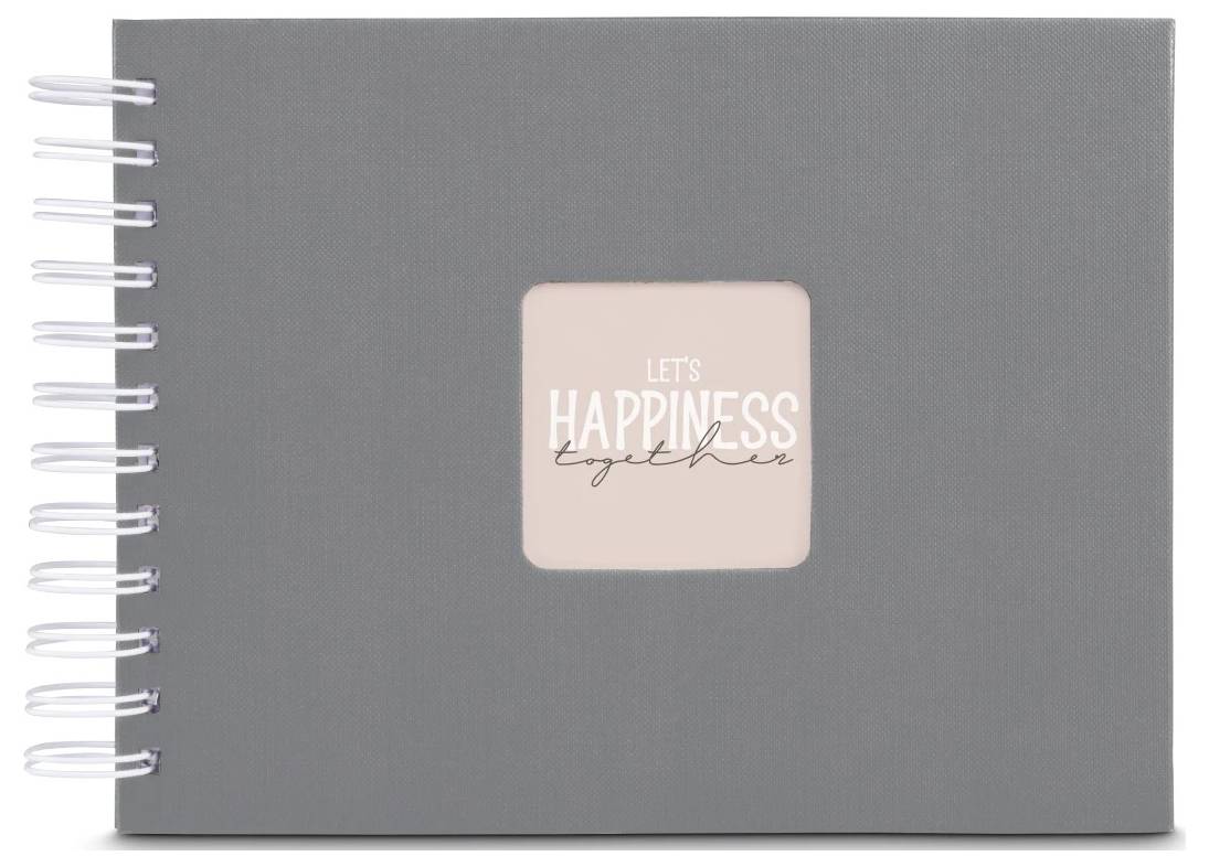 Grauer spiralgebundener Notizbuch mit einem rosa quadratischen Etikett mit der Aufschrift „LET'S HAPPINESS together