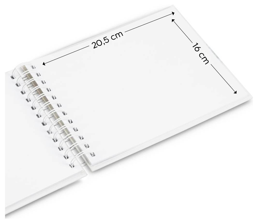 Weißes spiralgebundenes Notizbuch aufgeschlagen, mit Abmessungen von 20,5 cm x 16 cm gekennzeichnet.