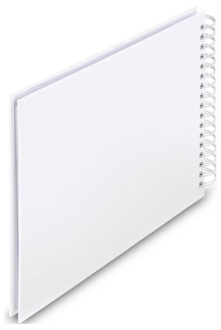 Ein leeres weißes spiralgebundenes Notizbuch, von einem Winkel aus betrachtet, mit der Spiralbindung auf der rechten Seite.