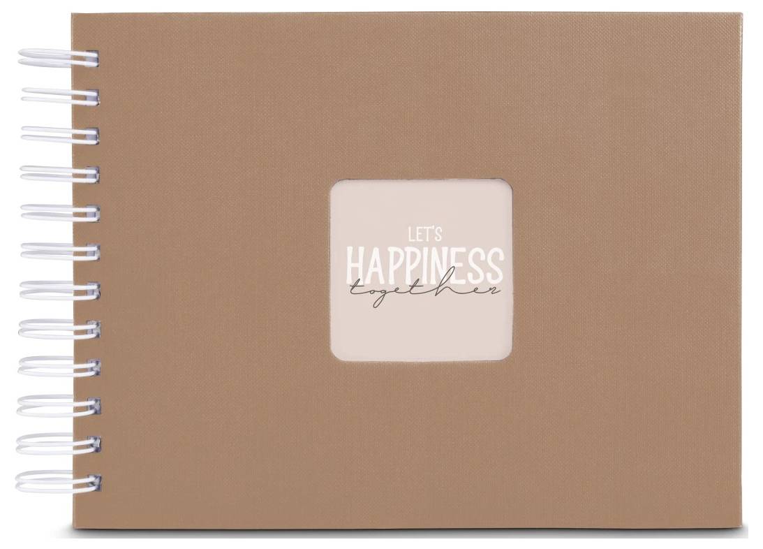 Braunes spiralgebundenes Notizbuch mit zentralem rosa Etikett mit der Aufschrift „LET'S HAPPINESS together