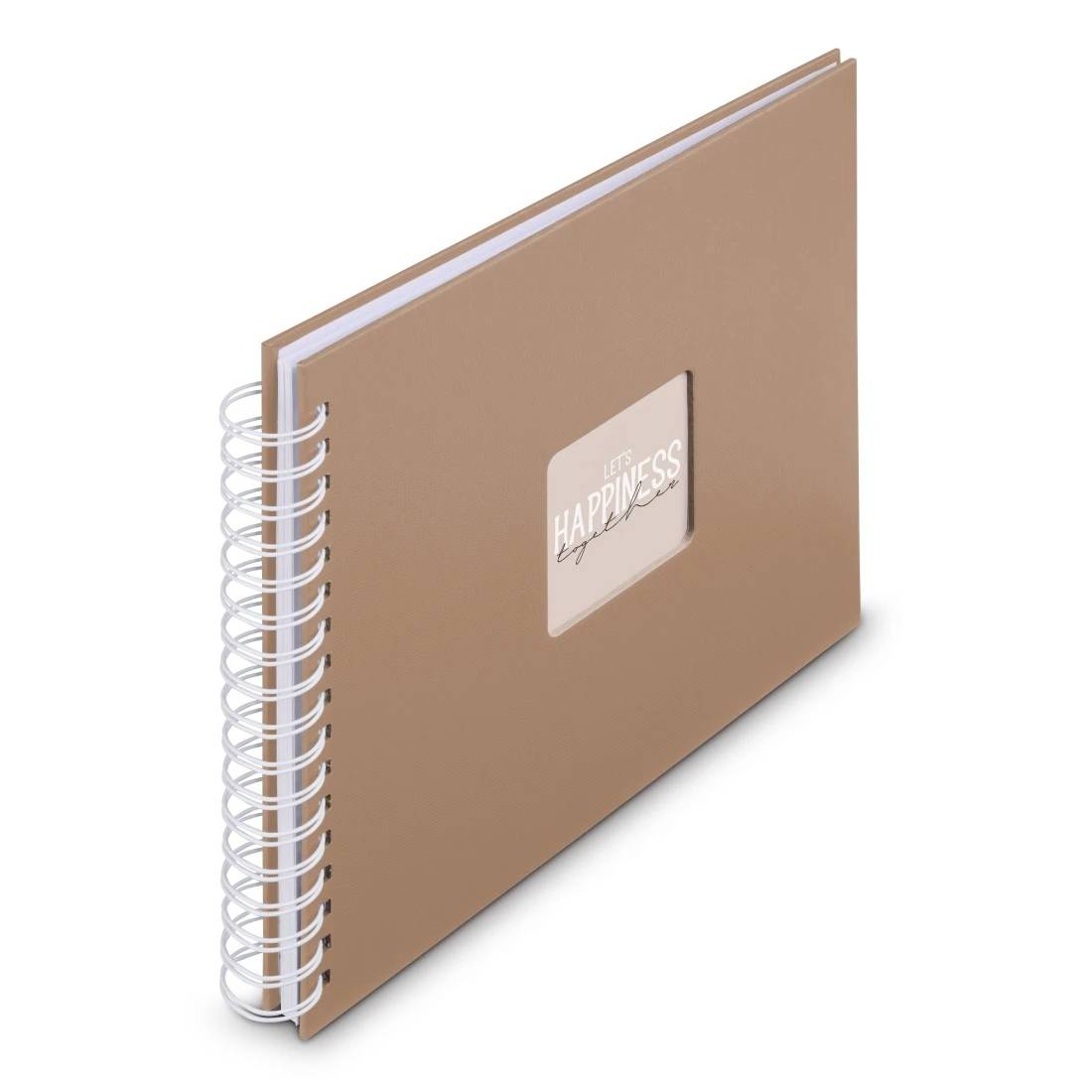 Tan spiralgebundenes Notizbuch mit einem Deckenetikett mit der Aufschrift „Life's Happiness
