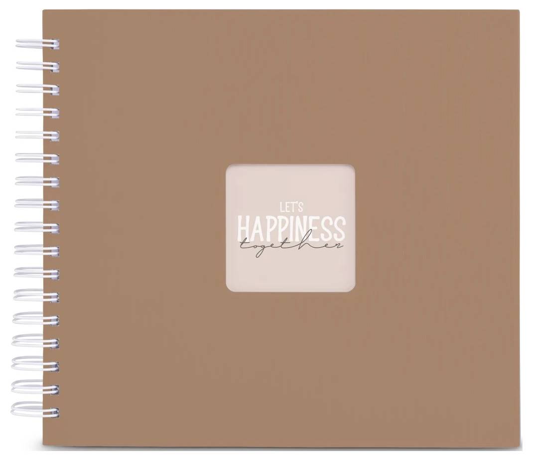 Braunes spiralgebundenes Notizbuch mit einem zentrierten rosa quadratischen Etikett mit der Aufschrift „LET'S HAPPINESS together