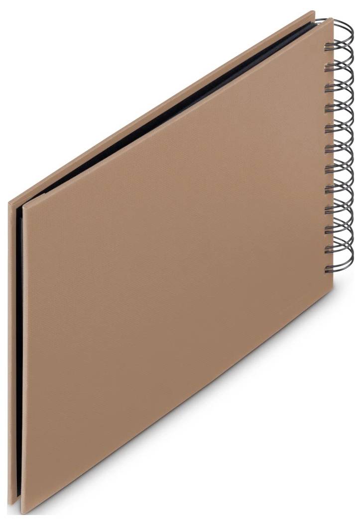 Braunes Spiralbindung-Skizzenbuch oder Notizbuch, das geschlossen in einem Winkel auf weißem Hintergrund gezeigt wird.