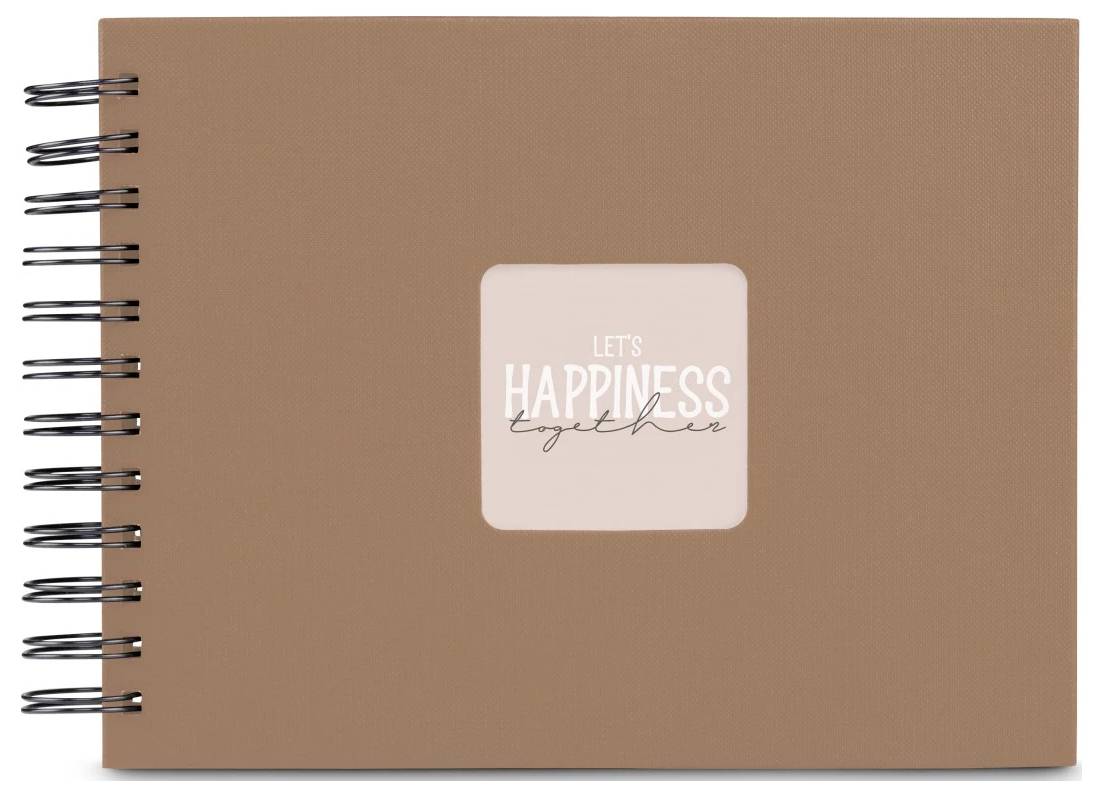 Ein braunes spiralgebundenes Notizbuch mit einem hellrosa quadratischen Etikett mit der Aufschrift „LET'S HAPPINESS together