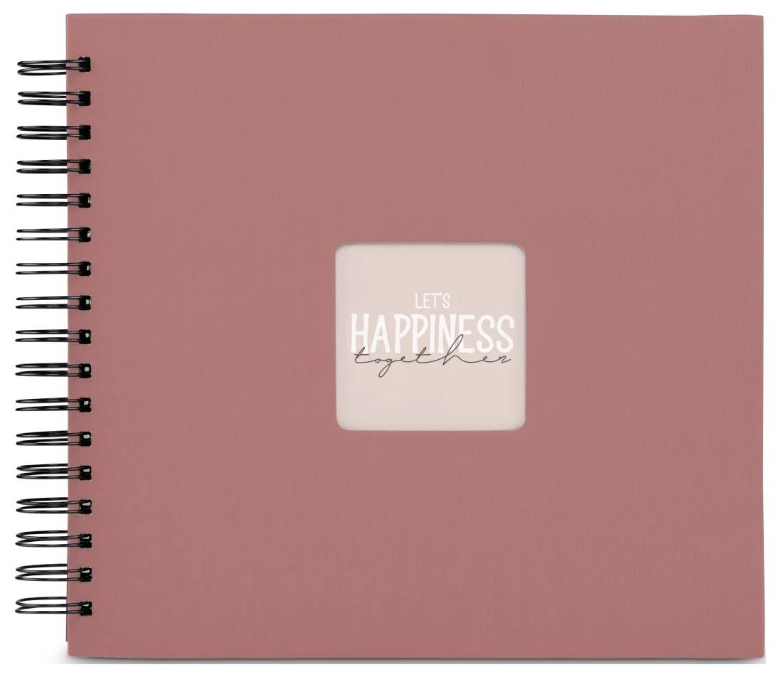 Rosa spiralgebundene Notizbuchcover mit zentriertem Etikett mit der Aufschrift „LET'S HAPPINESS together