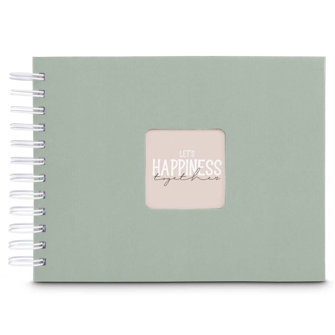 Mintgrünes spiralgebundenes Notizbuch mit einem mittigen Etikett mit der Aufschrift „LET'S HAPPINESS together