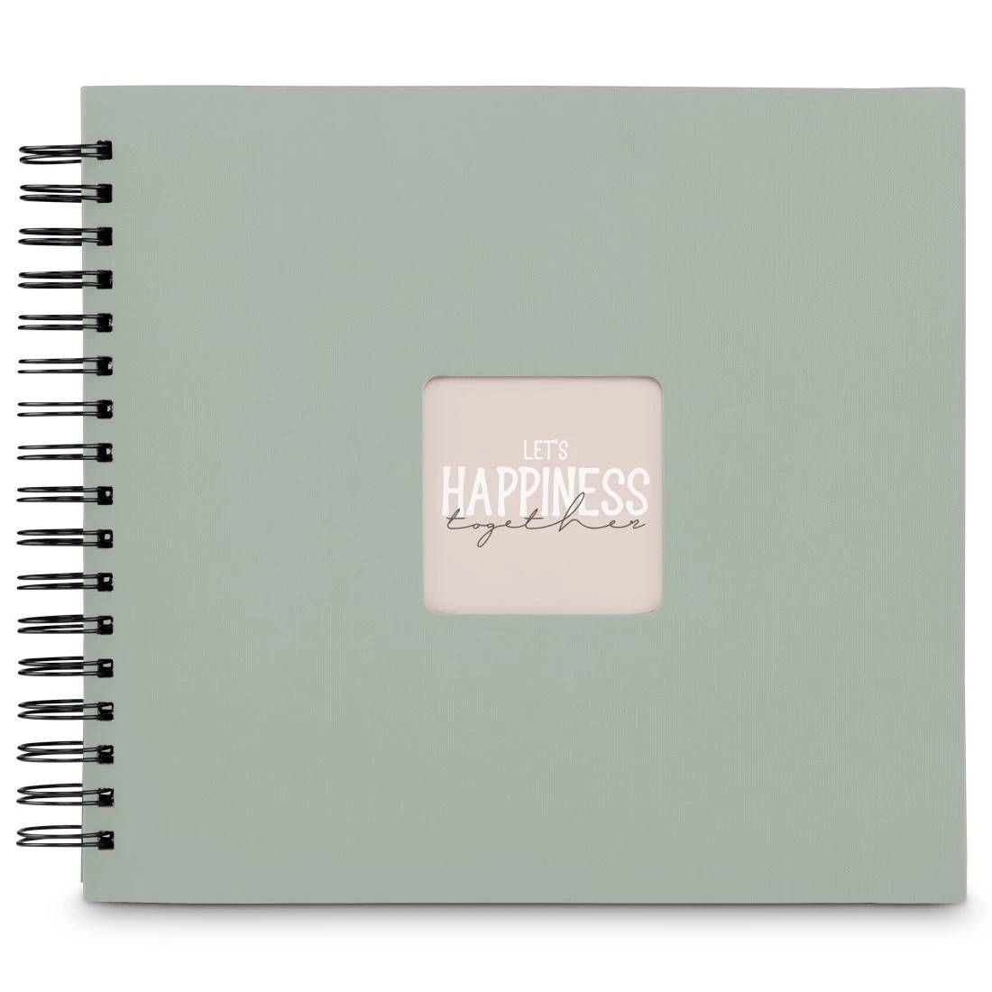 Mintgrünes spiralgebundenes Notizbuch mit einem rosa Mitteletikett mit der Aufschrift „LET'S HAPPINESS together