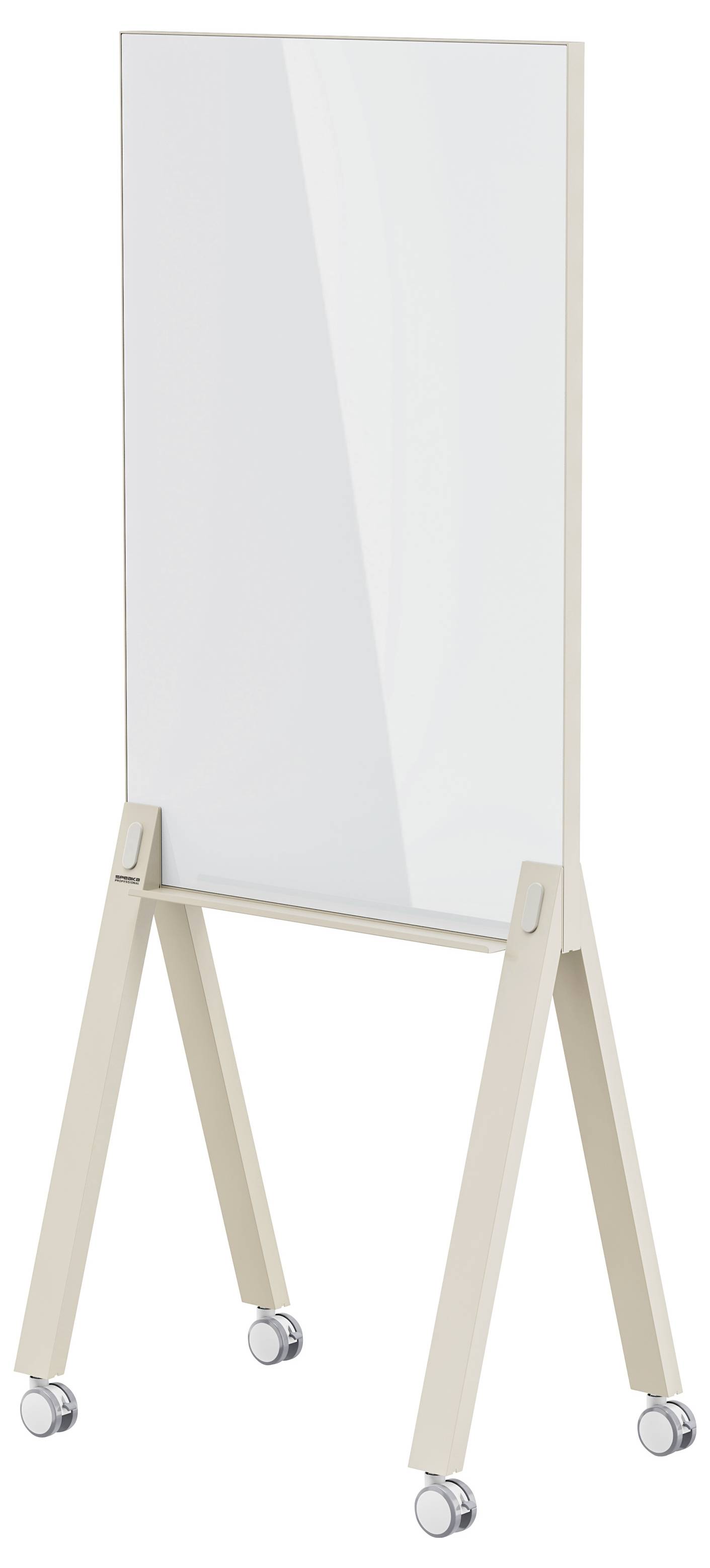 Ein freistehendes Whiteboard auf einer Staffelei aus hellem Holz mit vier Lenkrollen.