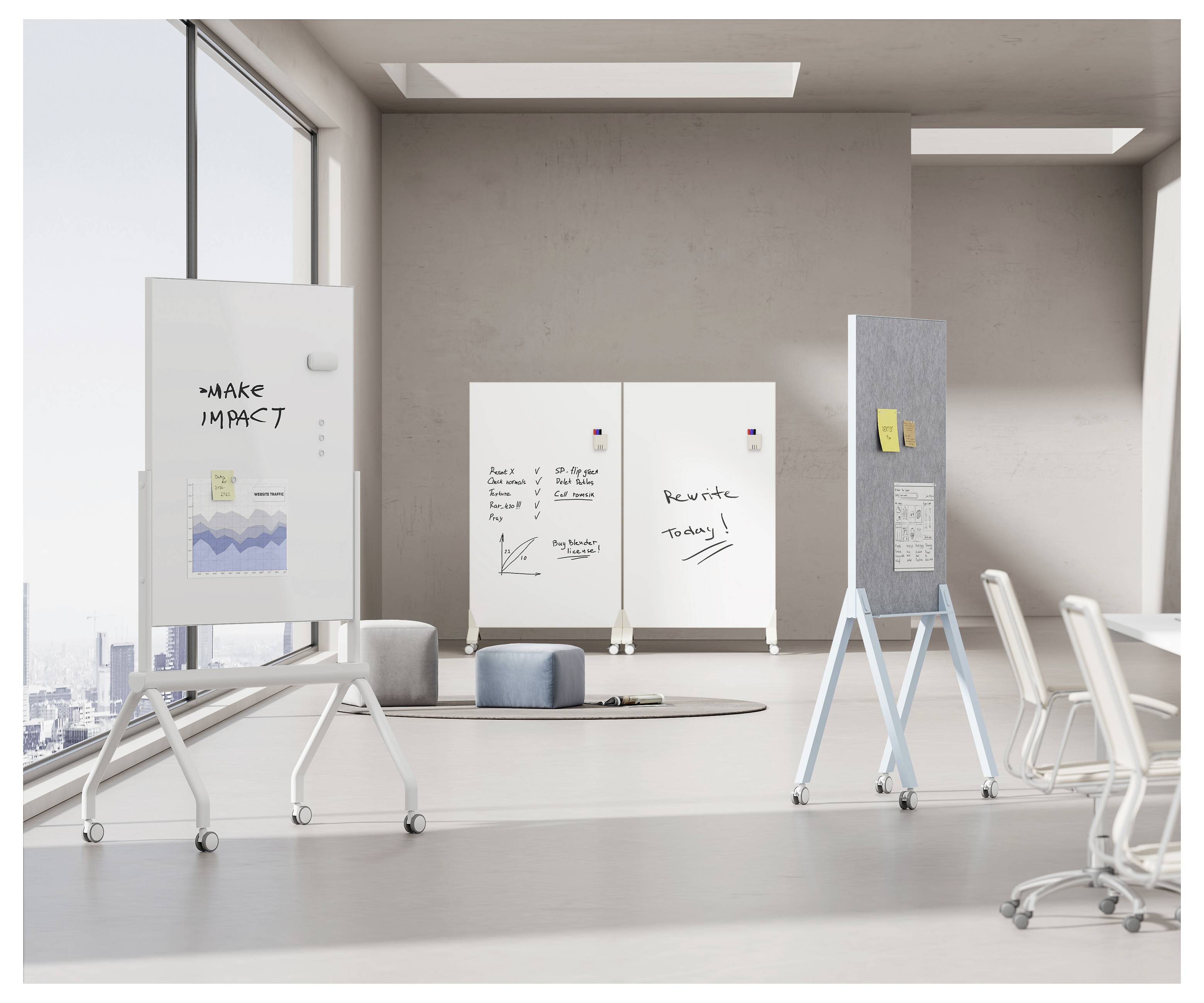Moderner Besprechungsraum mit mehreren Whiteboards und Staffeleien; eine Tafel trägt die Aufschrift „MAKE IMPACT