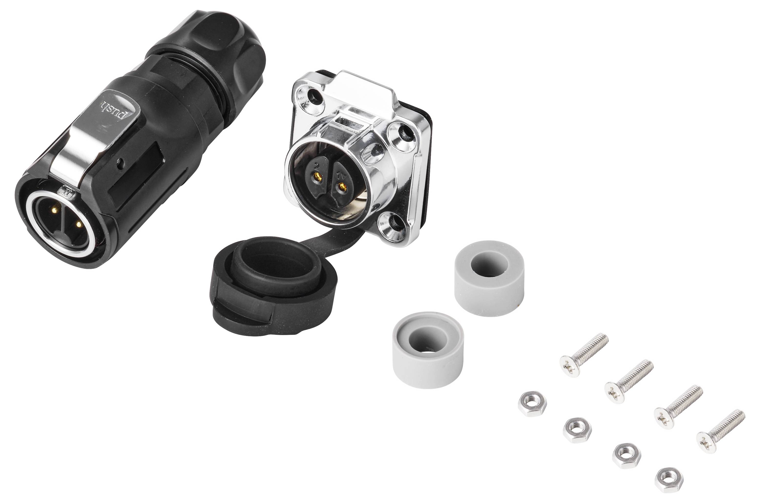 Produktkomponenten für einen elektrischen Stecker: schwarzer Stecker, Metallaufnahme, Dichtungsringe und Befestigungsschrauben/Muttern auf weißem Hintergrund.