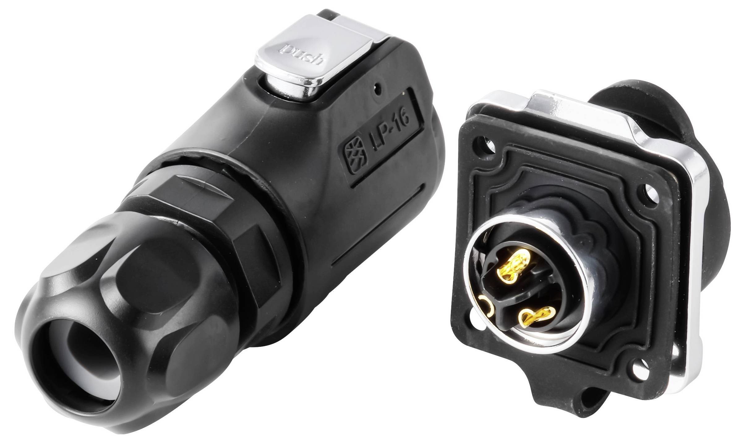 Zwei schwarze runde Elektrostecker: ein Kabelstecker und eine Schalttafelbuchse mit freiliegenden Kontakten.