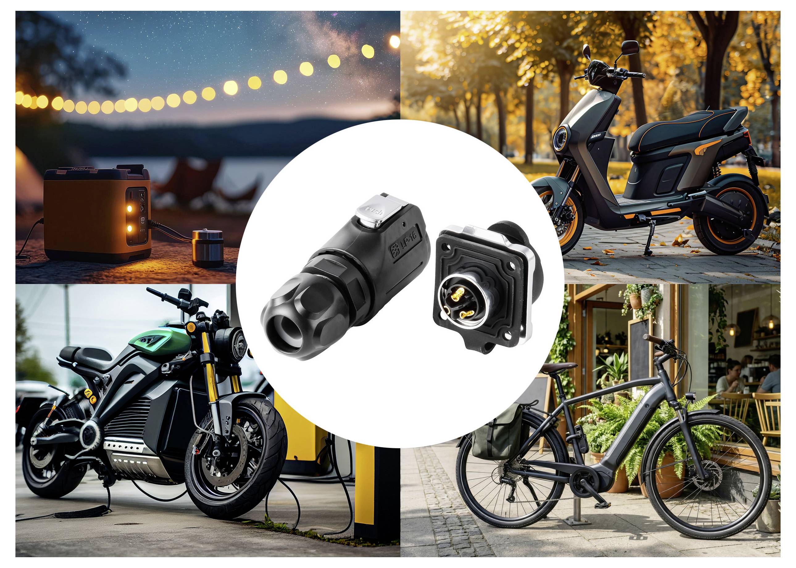 Collage aus Elektrofahrzeugen und Außenszenen, zentriert auf einen Ladestecker und eine Ladebuchse, mit Darstellungen von Roller-, Motorrad- und Fahrradladungen.