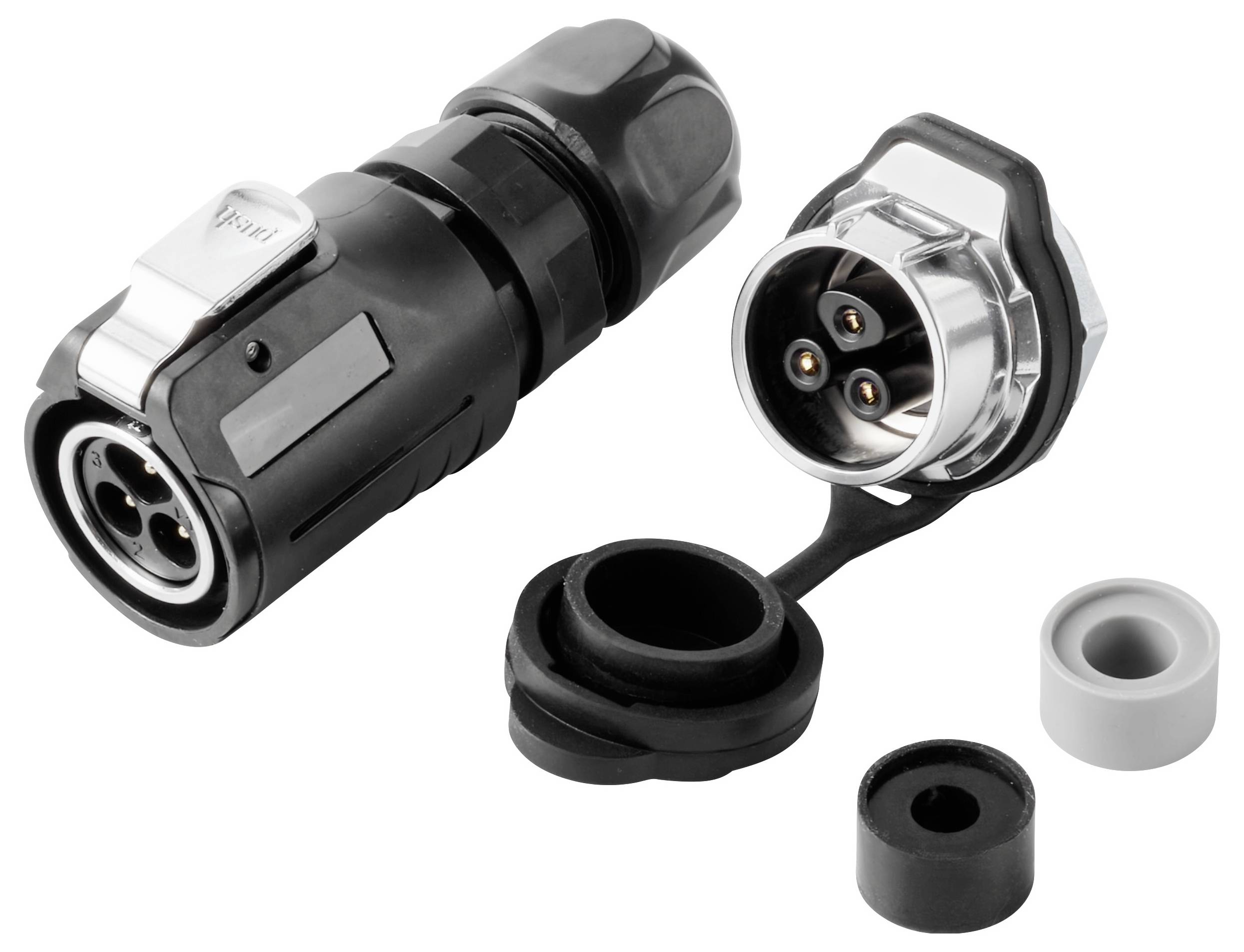 Wasserdichtes rundes Elektrosteckverbinderset mit schwarzem und silbernem Stecker und Buchse, plus Schutzkappe und zwei Dichtungsringe.