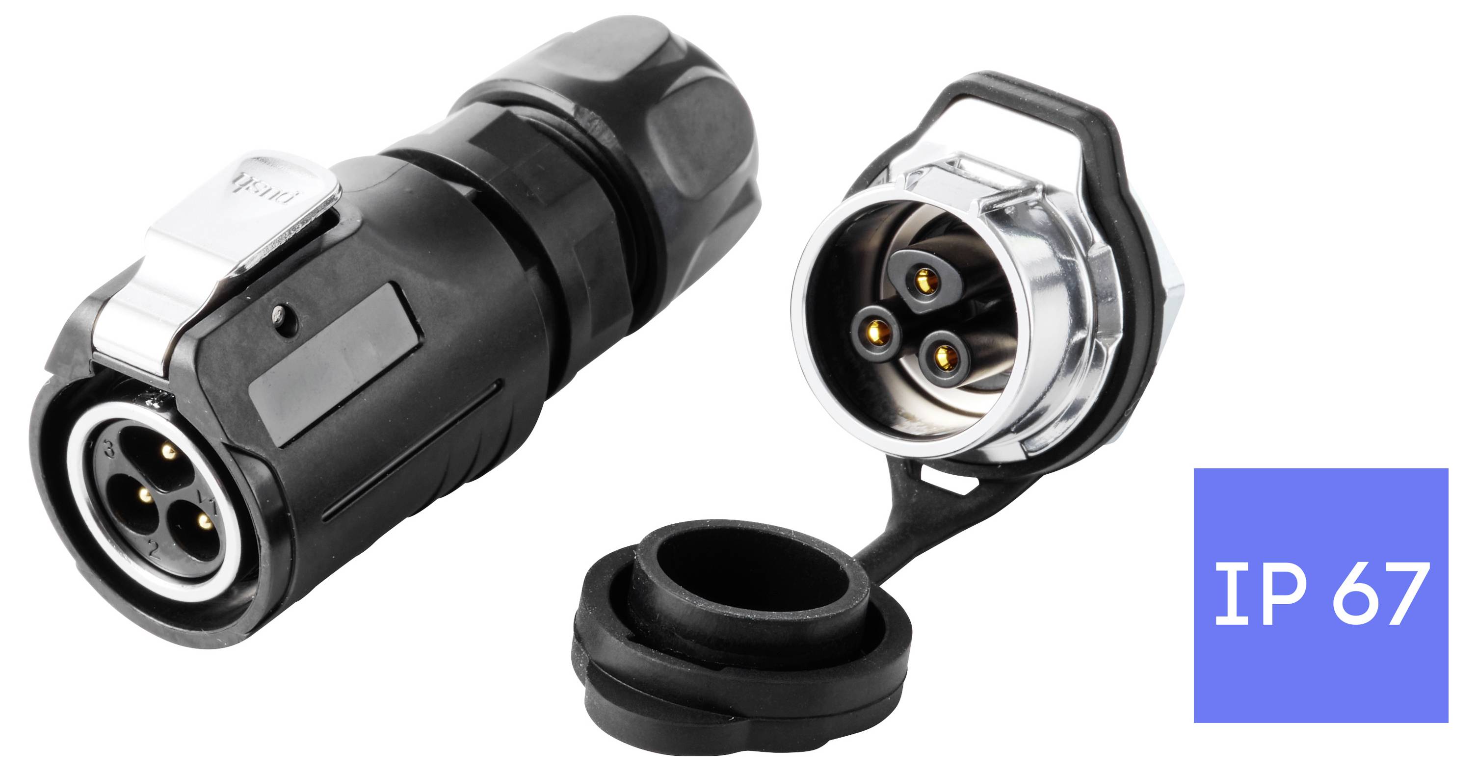 Wasserdichter runder elektrischer Stecker mit Kappe, von zwei Winkeln gezeigt, mit der Bezeichnung „IP67