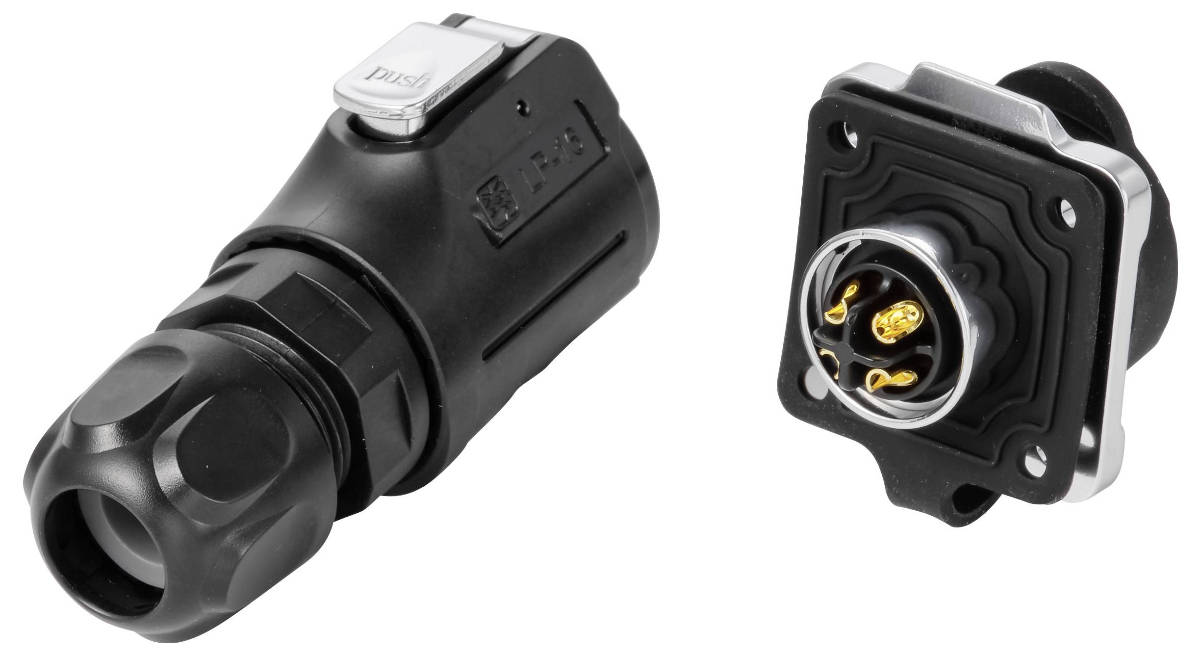 Zwei schwarze industrielle Elektrostecker-Teile, separat auf weißem Hintergrund dargestellt, ein Stecker und eine Buchse.