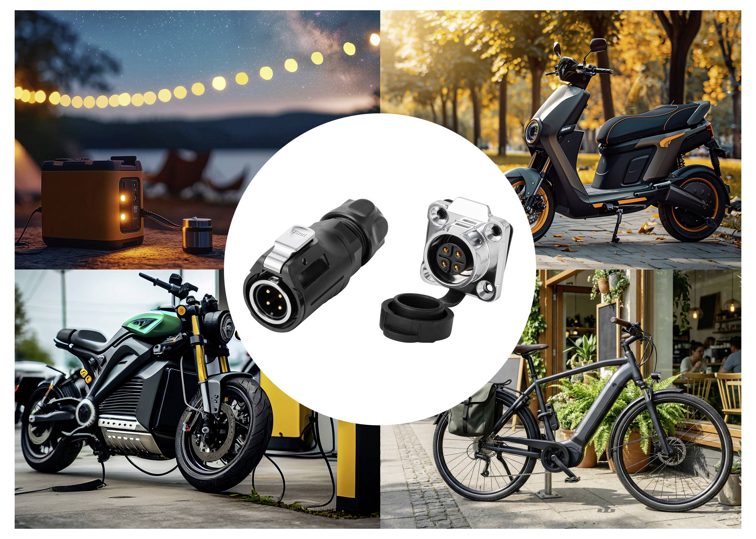 Collage von Elektrofahrzeug-Ladesteckern, die Stecker zum Laden von Roller, Motorrad und E-Bike in einem weißen Mittelkreis zeigen.