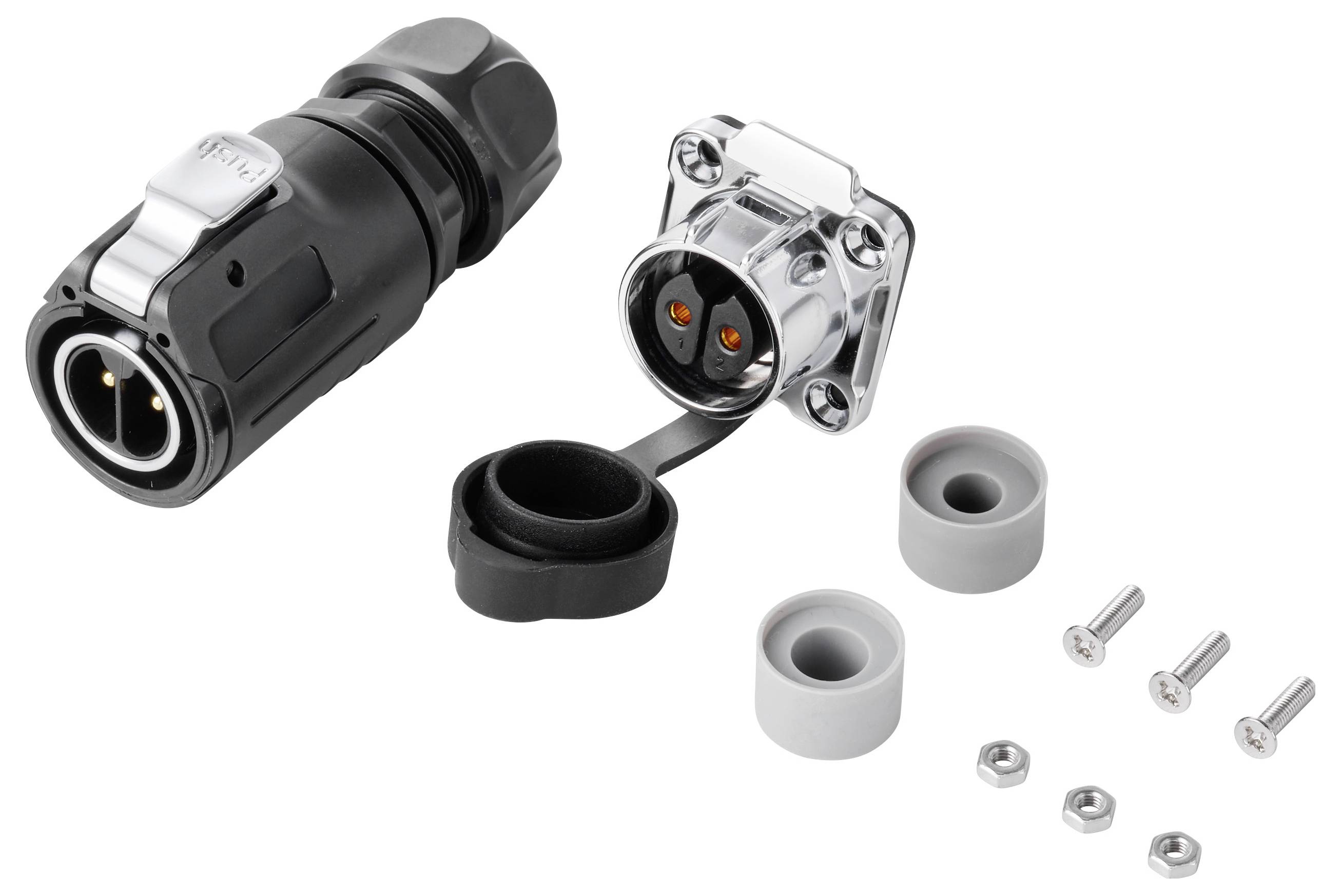 Kabelverbinderset mit schwarzem Stecker, Metall-Frontplattenbuchse, Gummimuffen, Dichtungsringen, Schrauben und Muttern zur Montage.