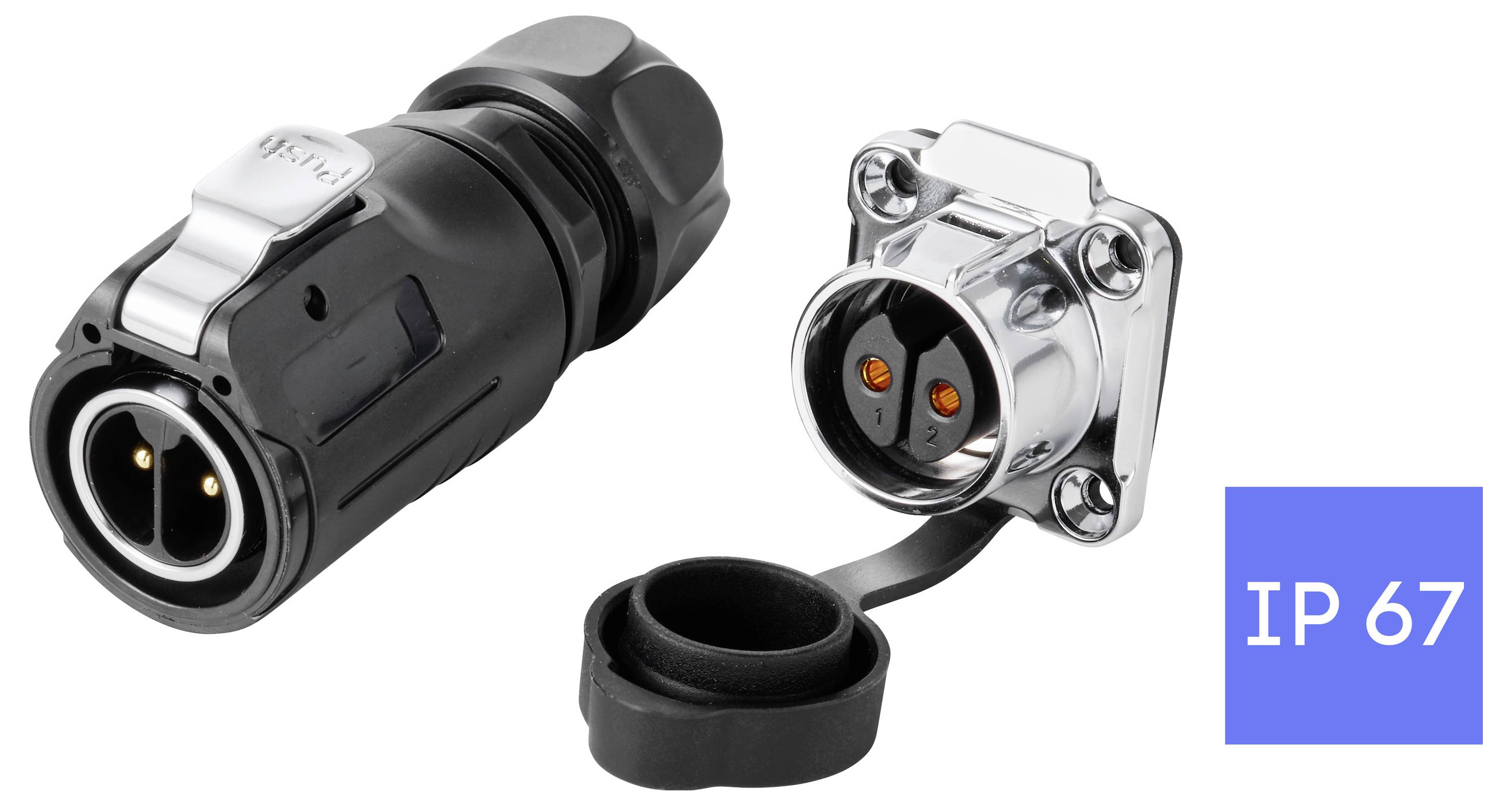 Wasserdichtes Elektrosteckerpaar mit Schutzkappe, gekennzeichnet IP67