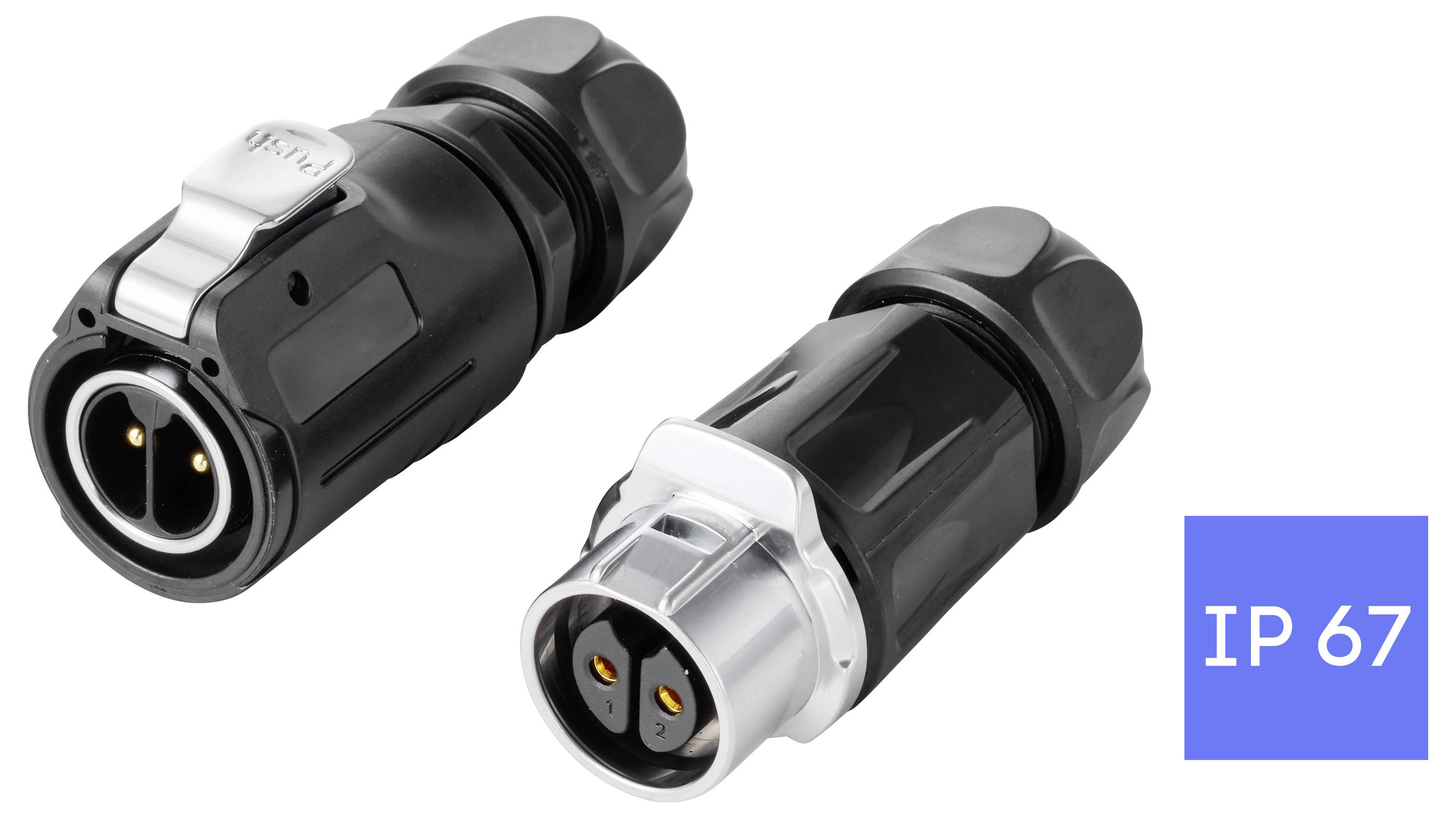 Zwei schwarze wasserdichte runde Elektrostecker nebeneinander dargestellt, mit blauem Etikett mit der Aufschrift „IP 67