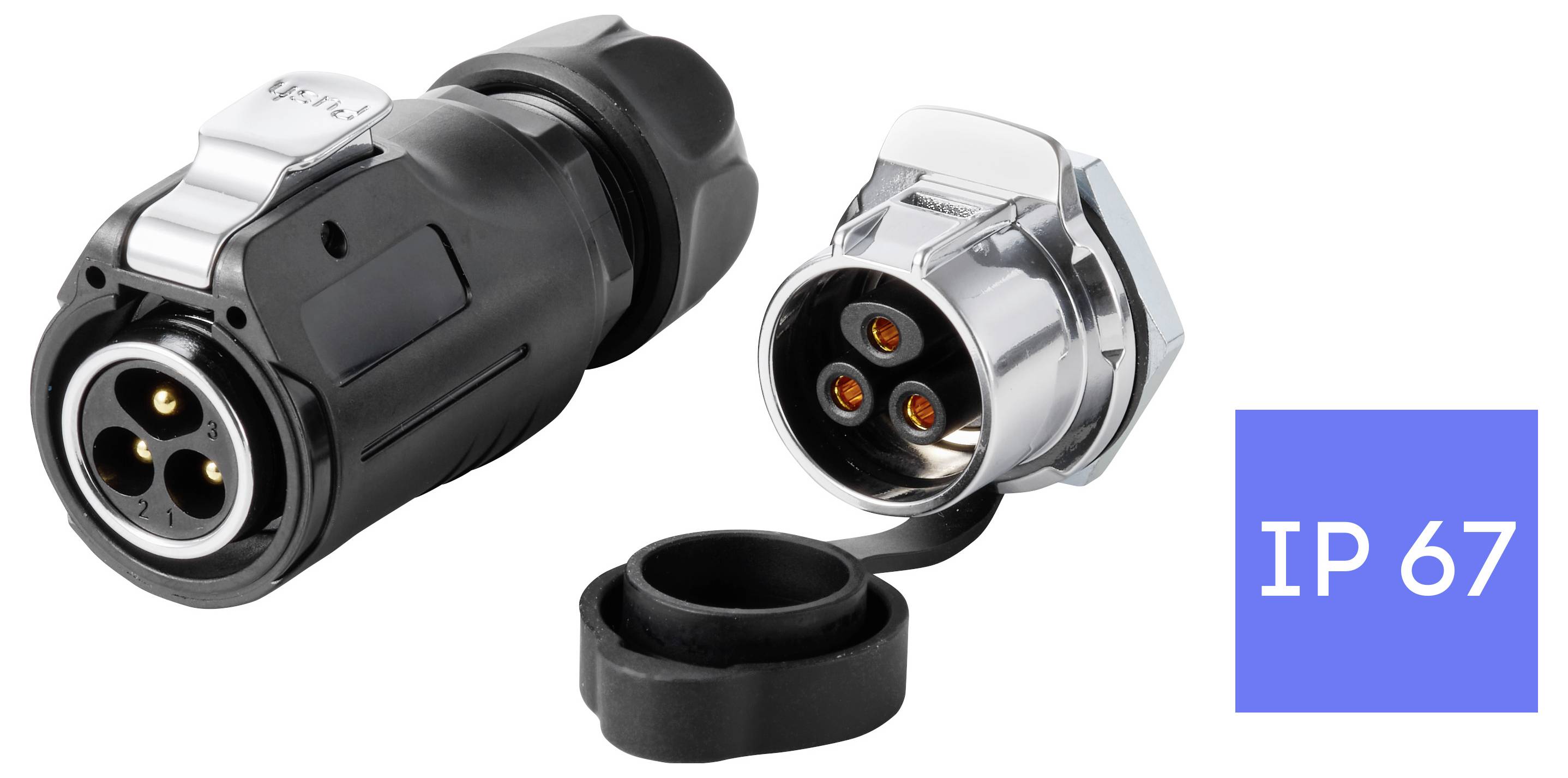 Zwei robuste Elektrostecker, einer mit Schutzkappe, gekennzeichnet mit „IP67