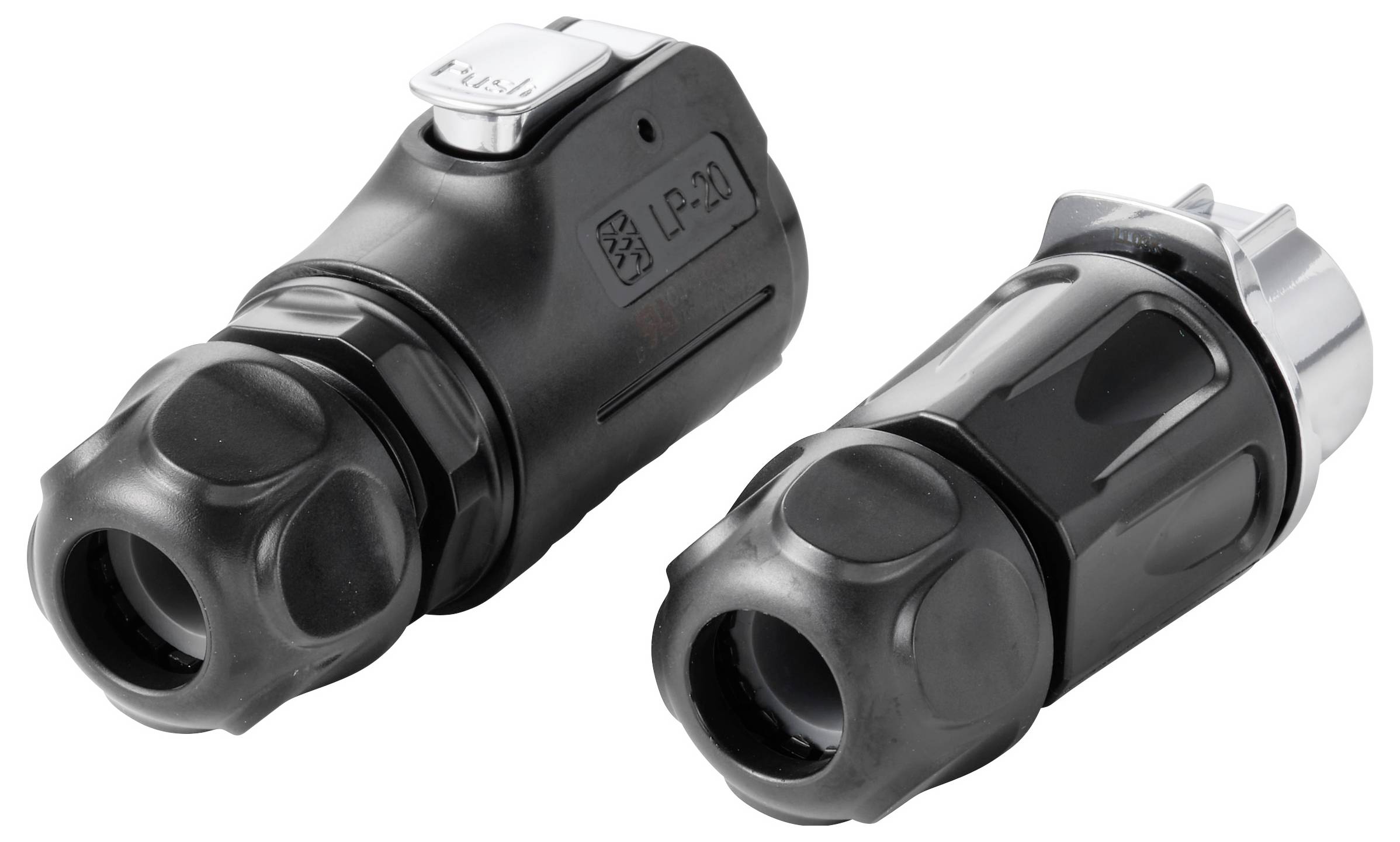 Zwei schwarze Kunststoff-Zylinderstecker für Elektrik mit silbernen Metallendigungen, nebeneinander auf weißem Hintergrund dargestellt.