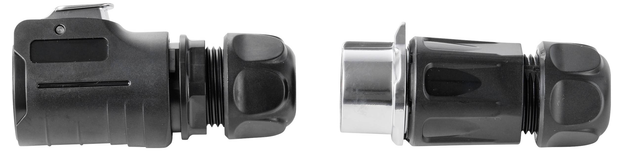 Zwei schwarze Kabeleinführungen nebeneinander dargestellt, mit einem schwarzen Modell und einem Modell mit einer metallischen Gewindebasis.
