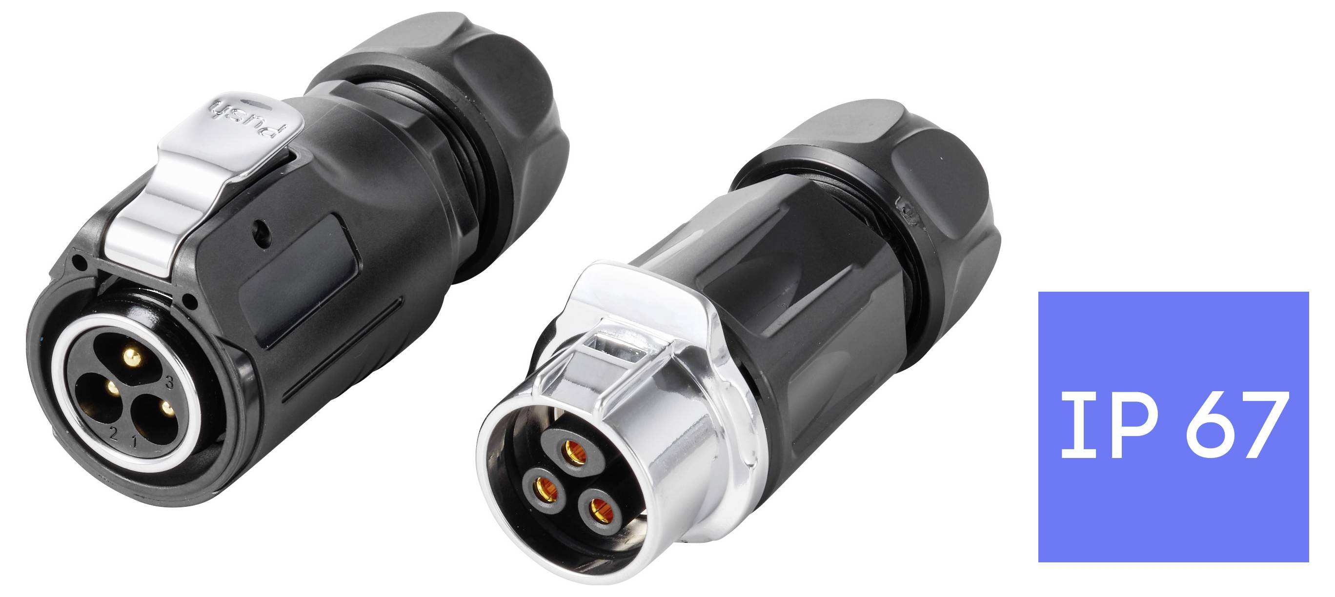 Zwei schwarze industrielle Rundstecker, einer mit silbernem Verriegelungsring, neben einem „IP 67