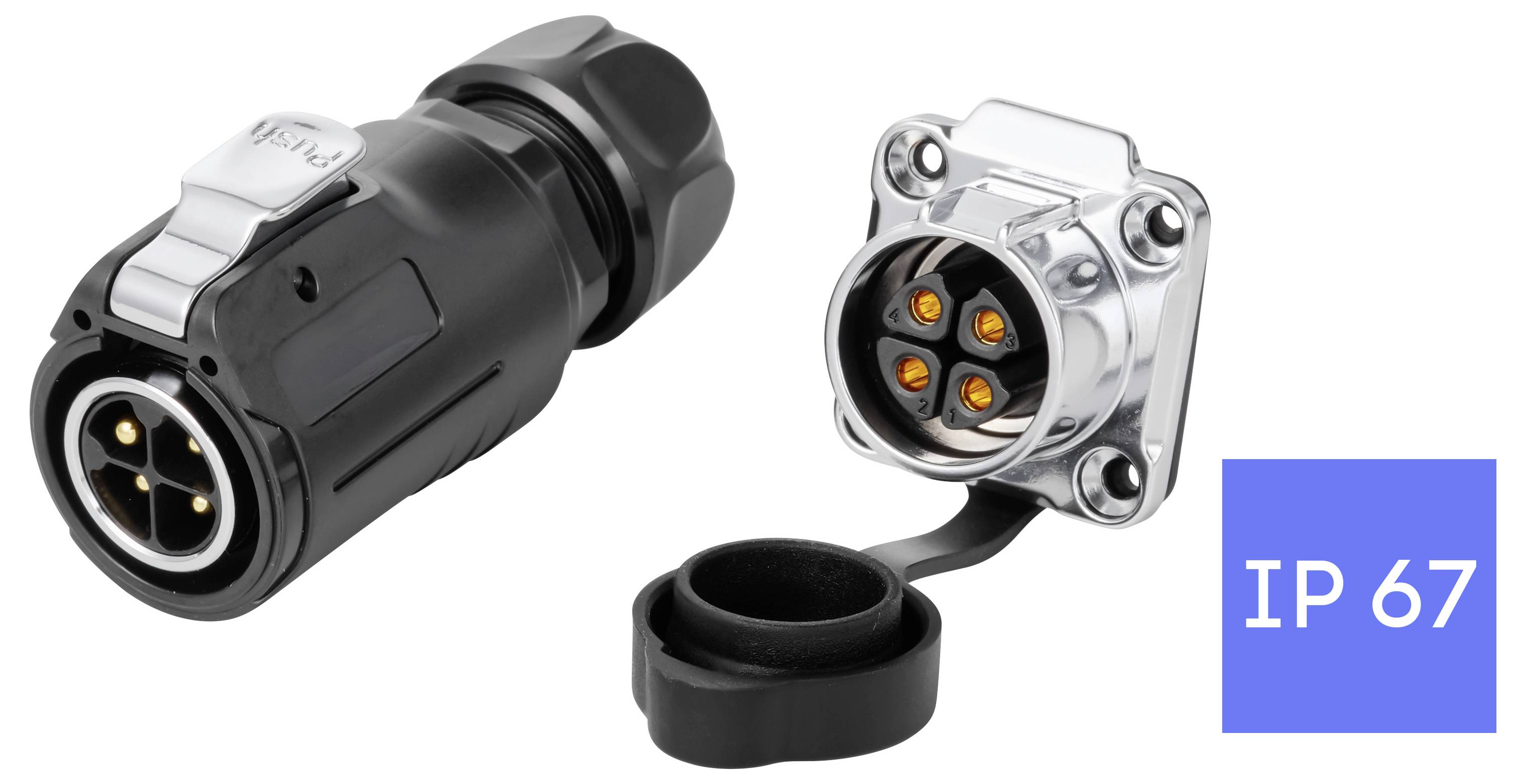 Zwei IP67-wasserdichte Elektrostecker, ein schwarzer Kabelstecker und eine silberfarbene Panelmontage-Buchse mit Schutzkappe.