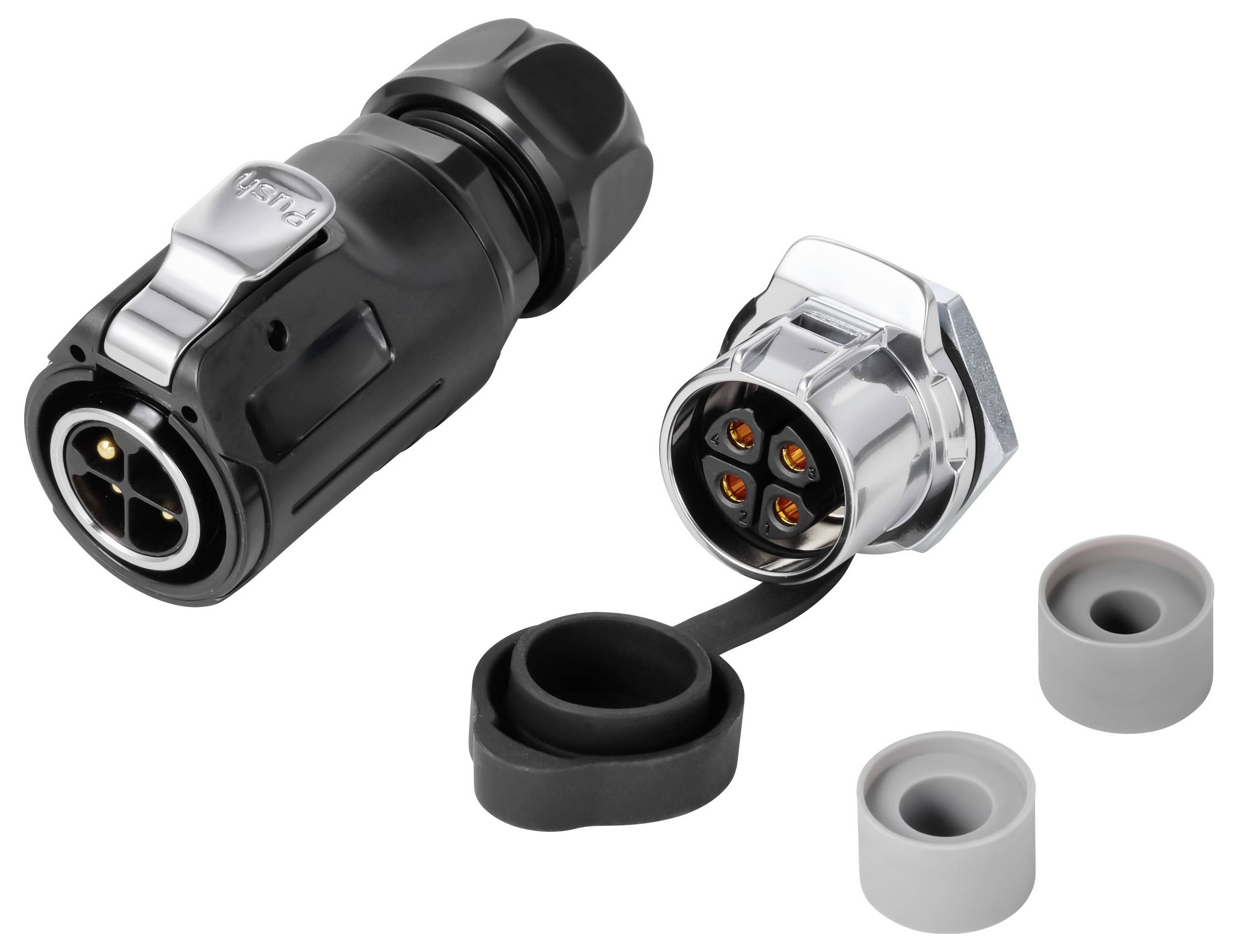 Zwei robuste runde Steckverbinder für Kabel, einer in Schwarz und einer in Silber, mit Schutzkappe und zwei grauen Dichtringen auf weißem Hintergrund dargestellt.