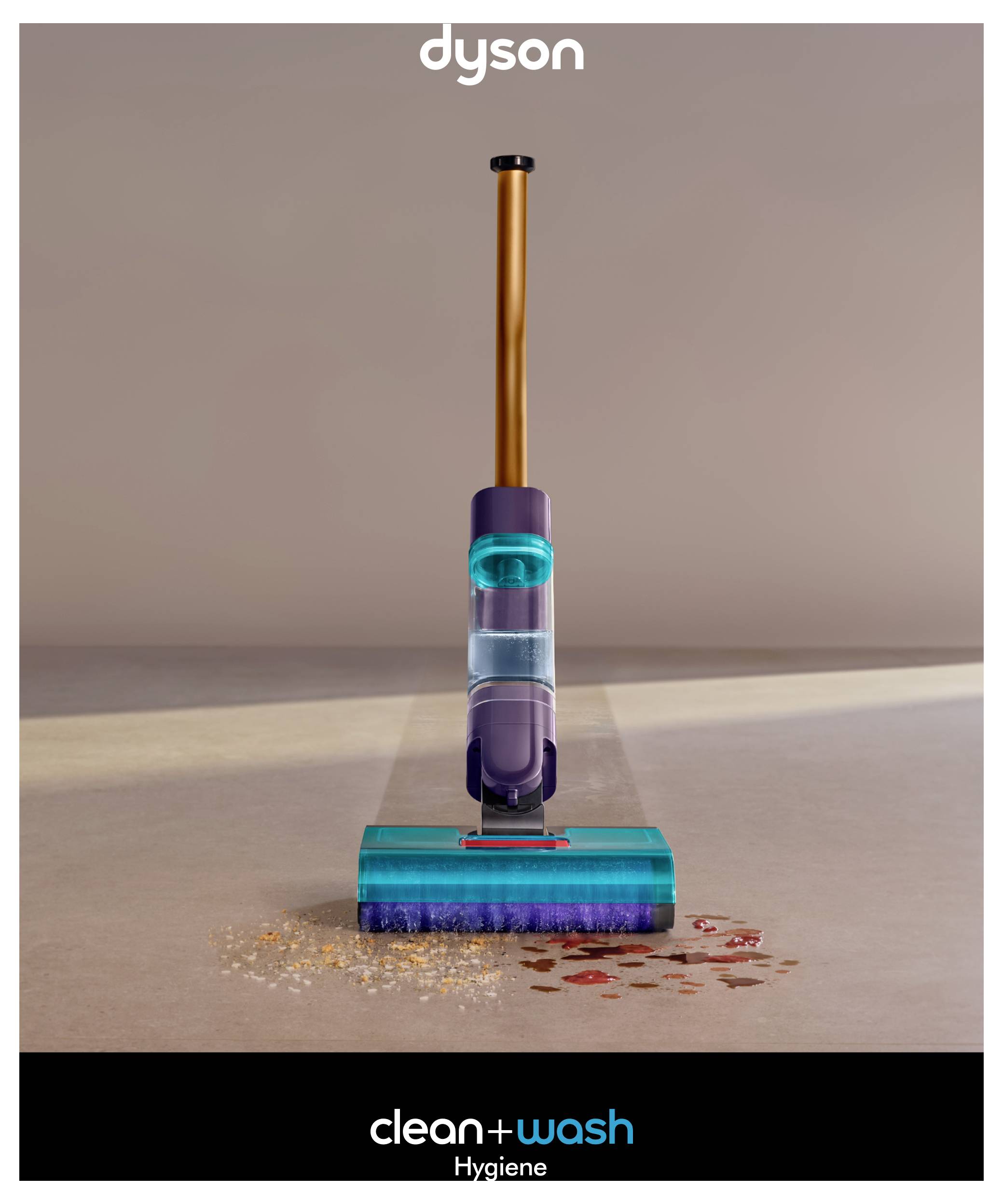 Dyson Clean+Wash Staubsauger-Wischmopp steht aufrecht auf dem Boden und reinigt verschüttete Verschmutzungen und Flüssigkeiten.