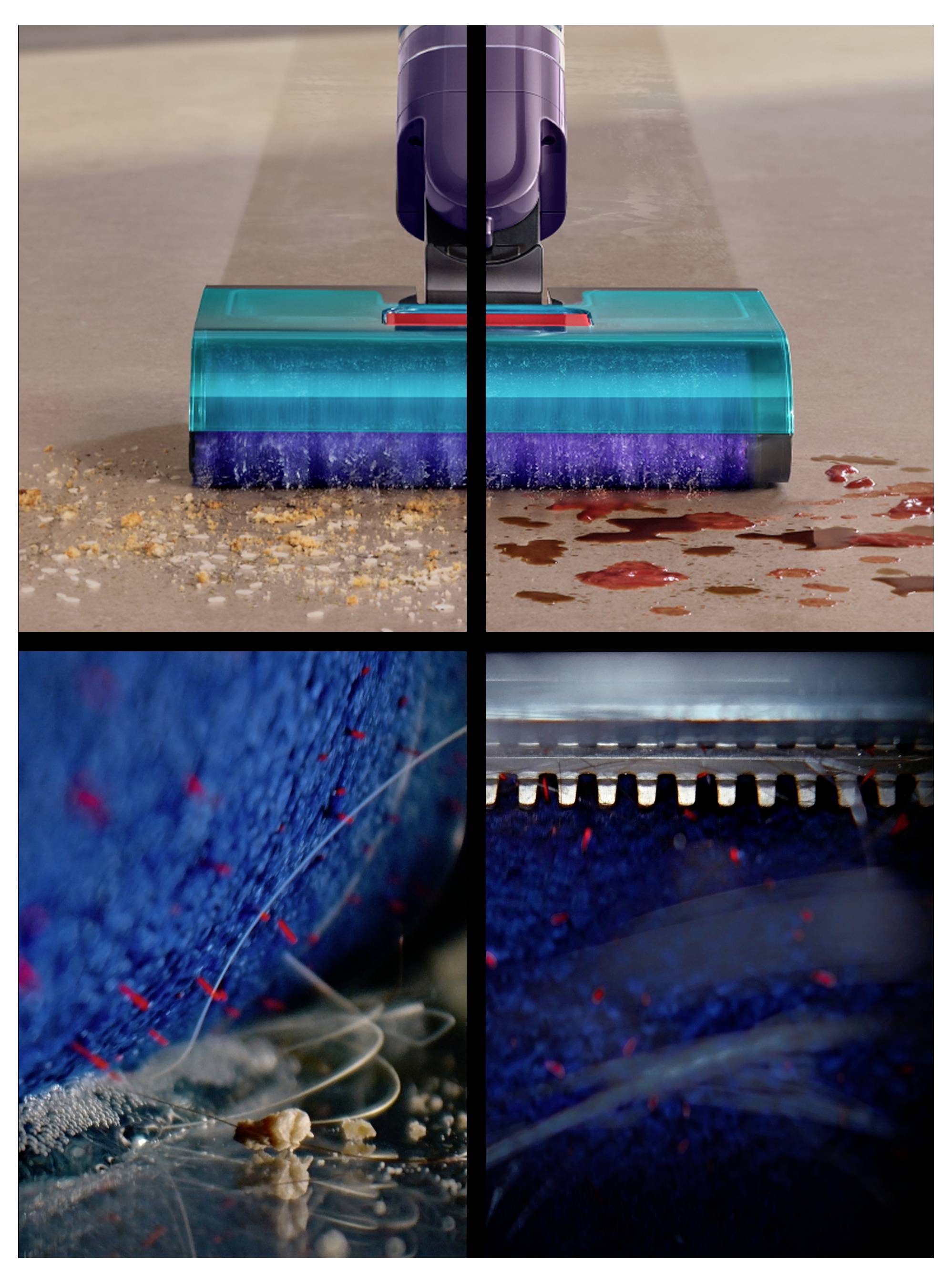 Vier-Panel-Collage mit Vakuumreinigerkopf auf verschiedenen Oberflächen mit rotem und blauem Schmutz, die Reinigungswirksamkeit auf Böden und Teppichen veranschaulichend.