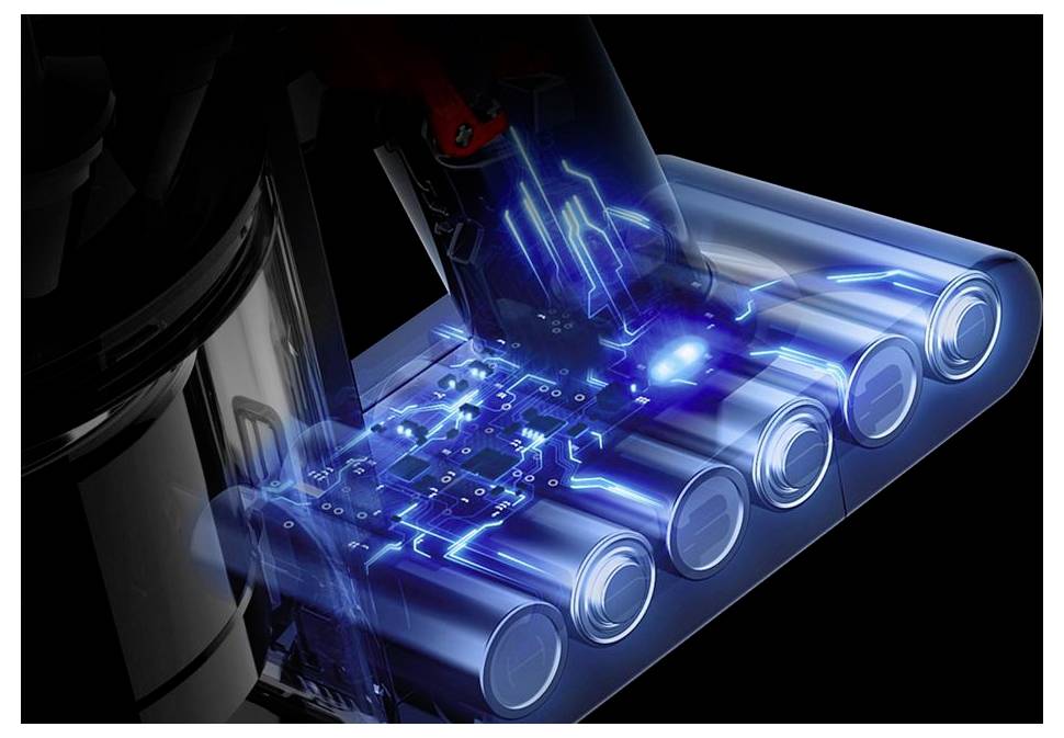 Ein Roboterarm montiert ein leuchtend blaues Lithium-Ionen-Batteriepack mit fünf zylindrischen Zellen am Fließband.