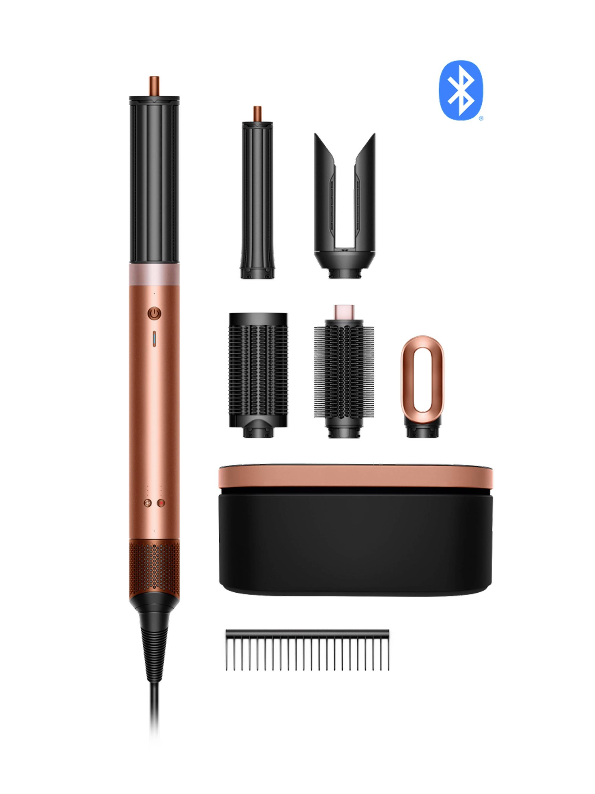 Ein mehrteiliges Haarstyling-Set in Roségold und Schwarz mit einem Hauptgriff, austauschbaren Aufsätzen, Bürstenfässern, einer Aufbewahrungsbox, einem Kamm und Bluetooth-Symbol.