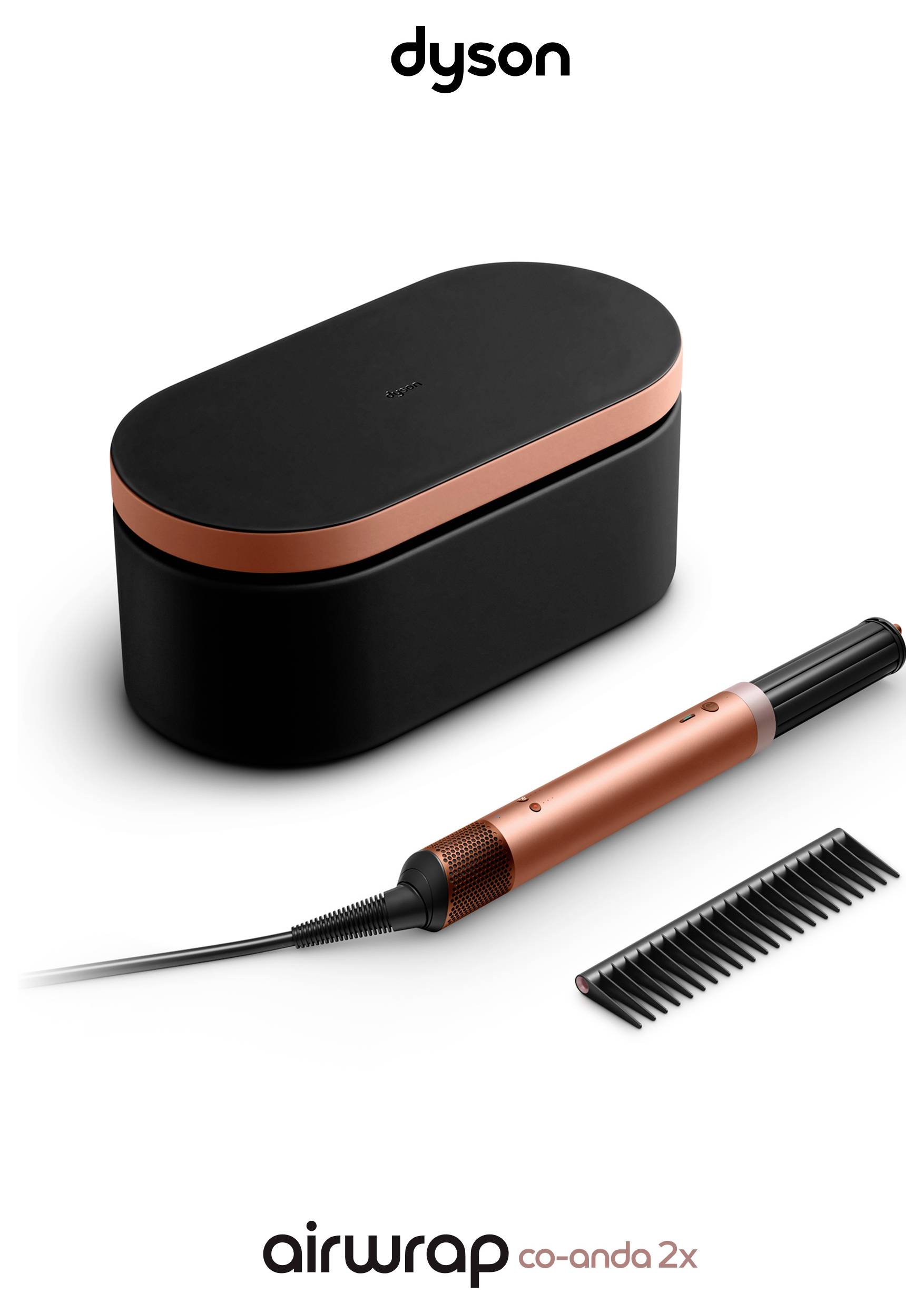 Dyson Airwrap Coanda 2x Haarformungs-Set mit schwarzem Aufbewahrungskoffer, kupferfarbener Bürste und Kammaufsatz auf weißem Hintergrund.