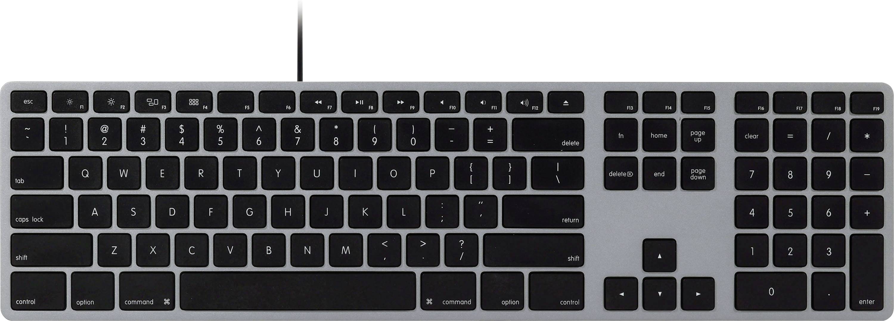 Schwarze Vollformat-Computertastatur mit Ziffernblock und Pfeiltasten, von oben auf hellem Hintergrund gezeigt.