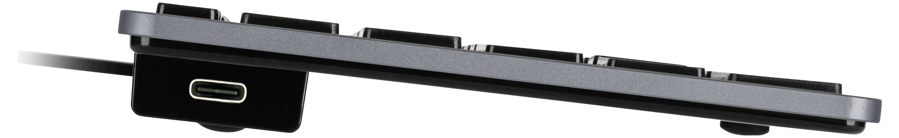 Seitenansicht eines Smartphone-Dock-/Ladezubehörs mit USB-C-Anschluss, das sein schlankes schwarzes Design und die Verbindungsschnittstelle zeigt.