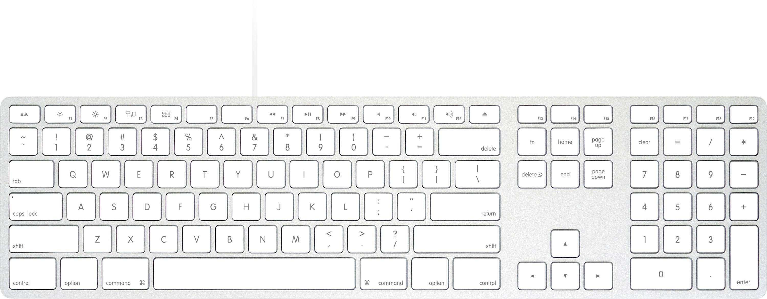 Weiße Computertastatur mit vollständiger Größe, einschließlich Funktionstasten, Pfeiltasten und numerischem Tastenfeld.