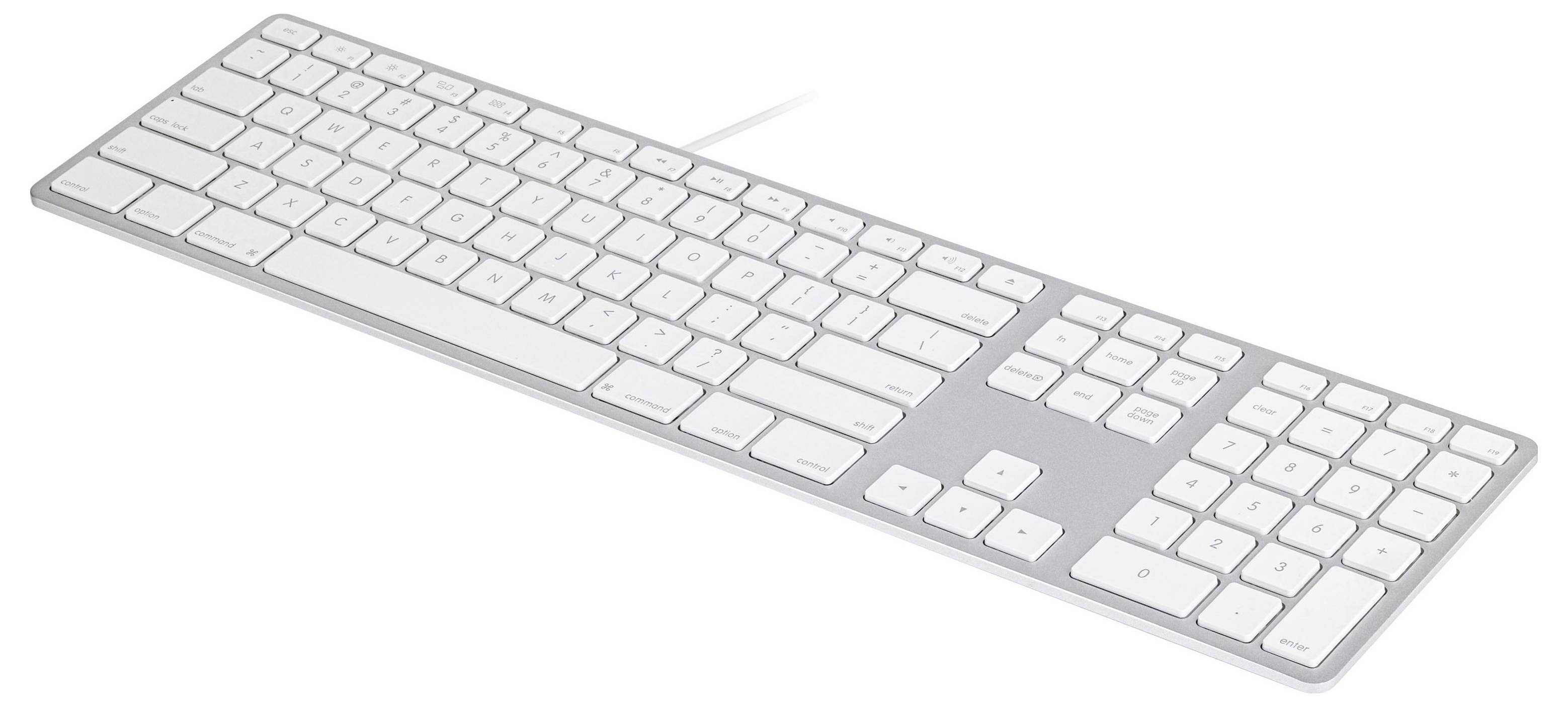 Weiße schnurlose Computertastatur in schrägem Winkel auf einfachem hellem Hintergrund dargestellt.