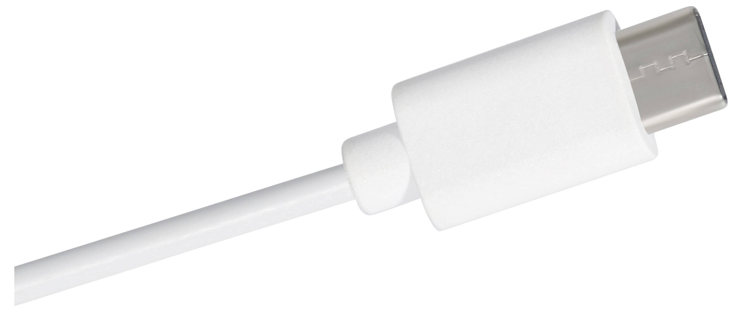 Nahaufnahme eines weißen USB-C-Ladekabelsteckers auf einfachem Hintergrund.