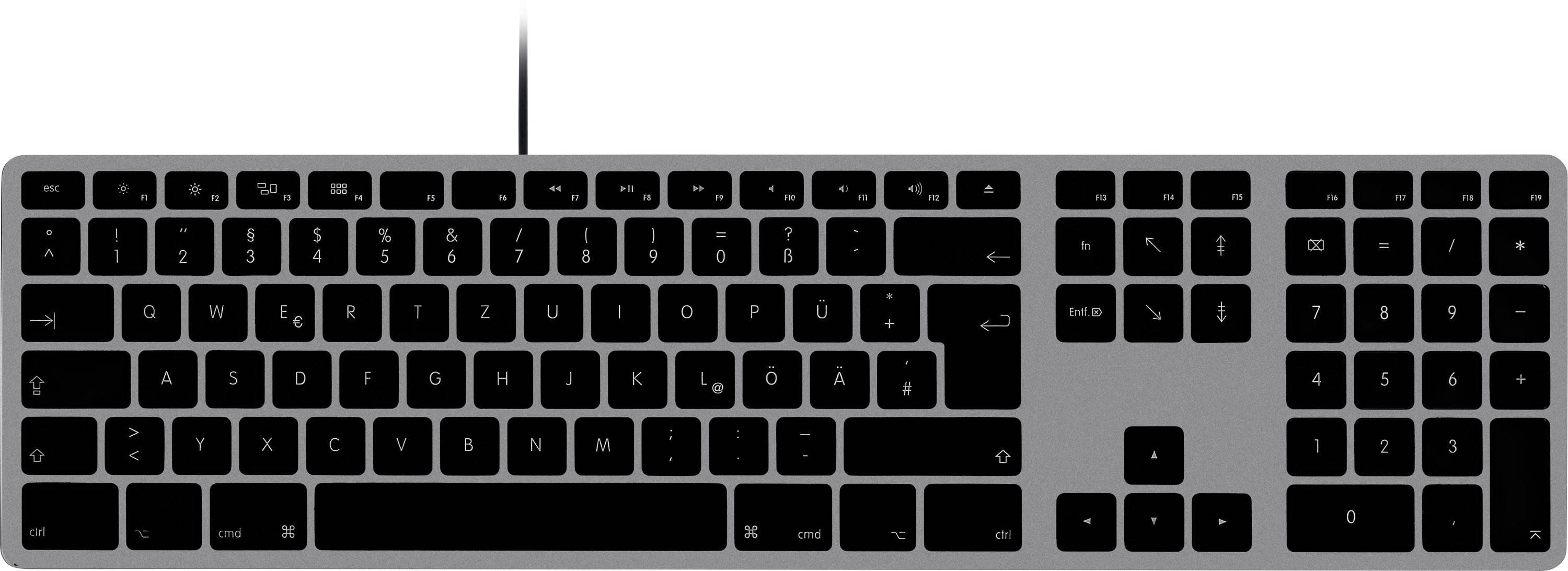 Schwarze kabelgebundene Volltastatur-Computertastatur mit Nummernblock, von oben auf weißem Hintergrund dargestellt.