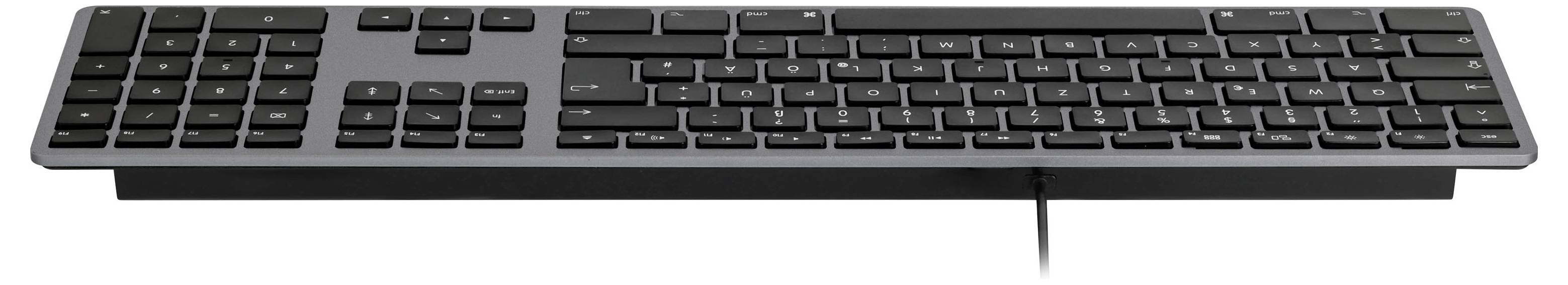 Schlanke schwarze kabelgebundene Tastatur von vorne gezeigt, mit Standard-Tasten in Vollgröße und einem zentralen Kabel, das nach unten verläuft.