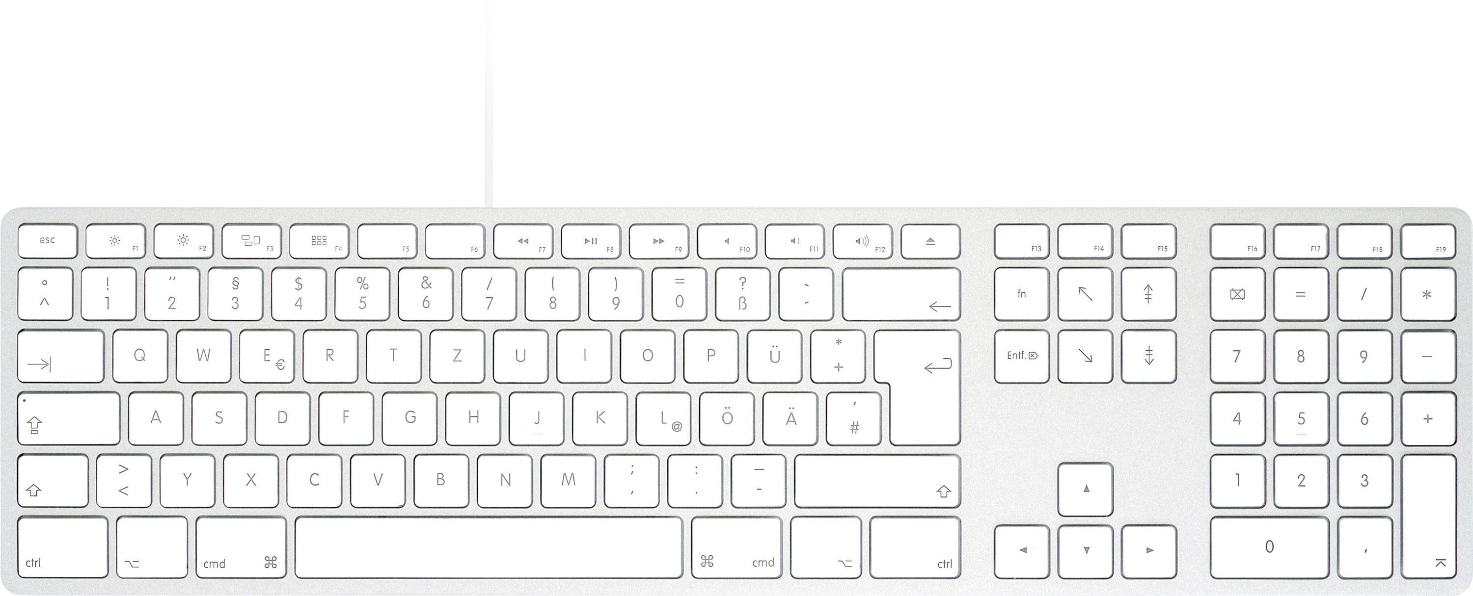 Draufsicht auf eine weiße vollständige Tastatur mit Ziffernblock und Pfeiltasten, die ein standardmäßiges QWERTY-Layout zeigt.