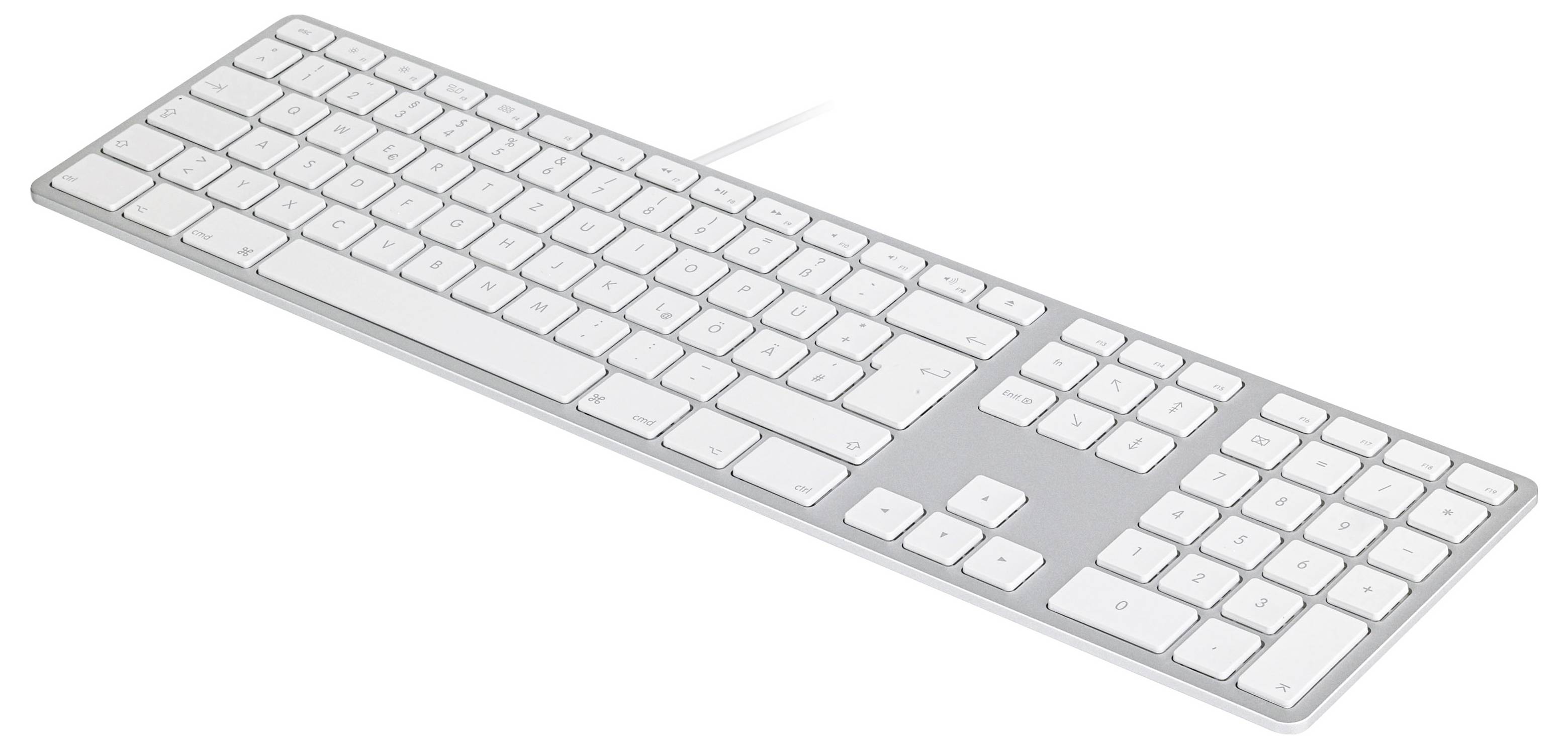 Schlanke weiße kabellose Tastatur in Schrägansicht auf weißem Hintergrund
