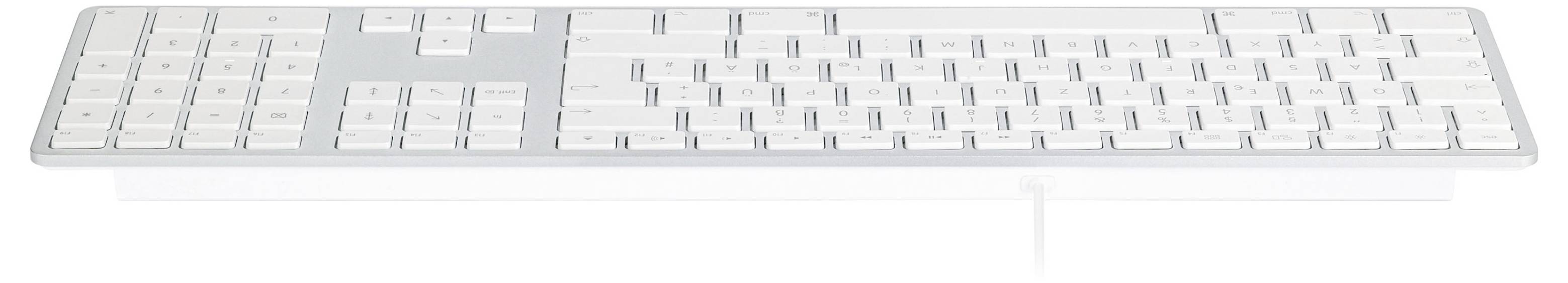 Weiße kabellose Computertastatur von oben auf einfachem weißem Hintergrund gezeigt
