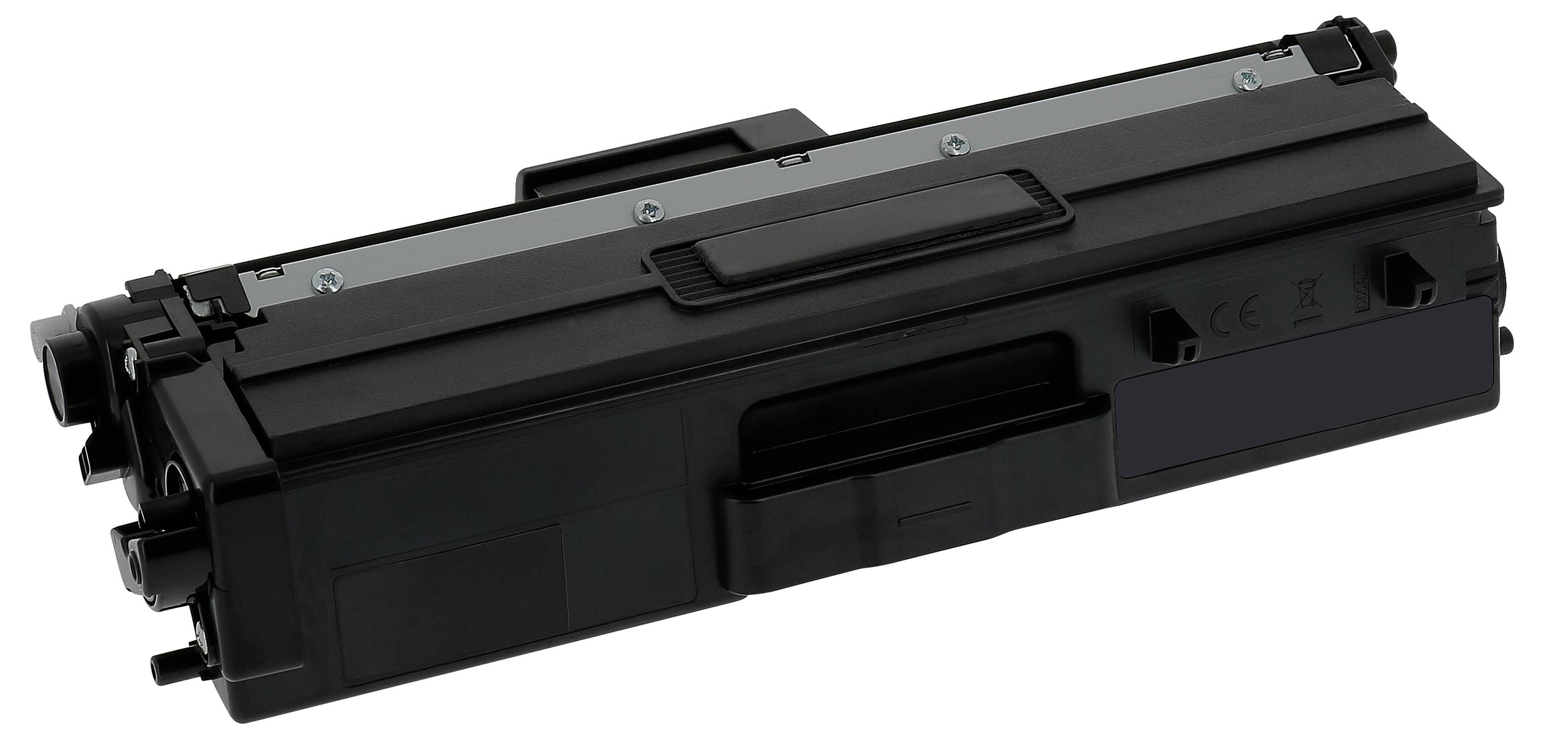Schwarze Tonerkartusche für einen Laserdrucker, isoliert auf weißem Hintergrund dargestellt.