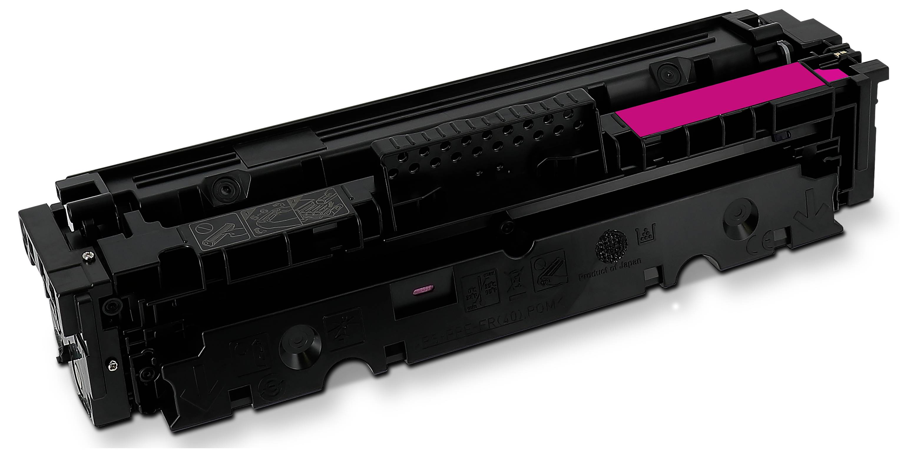Schwarze Druckertonerkartusche mit einem Magenta-Tonerstreifen, isoliert auf weißem Hintergrund dargestellt.