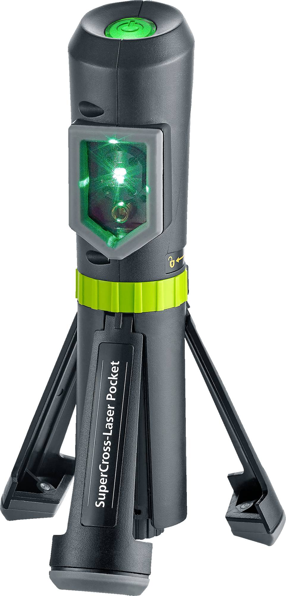 Tragbares Lasernivelliergerät mit grünem Strahl, Stativbeinen und Aufschrift „SuperCross-Laser Pocket